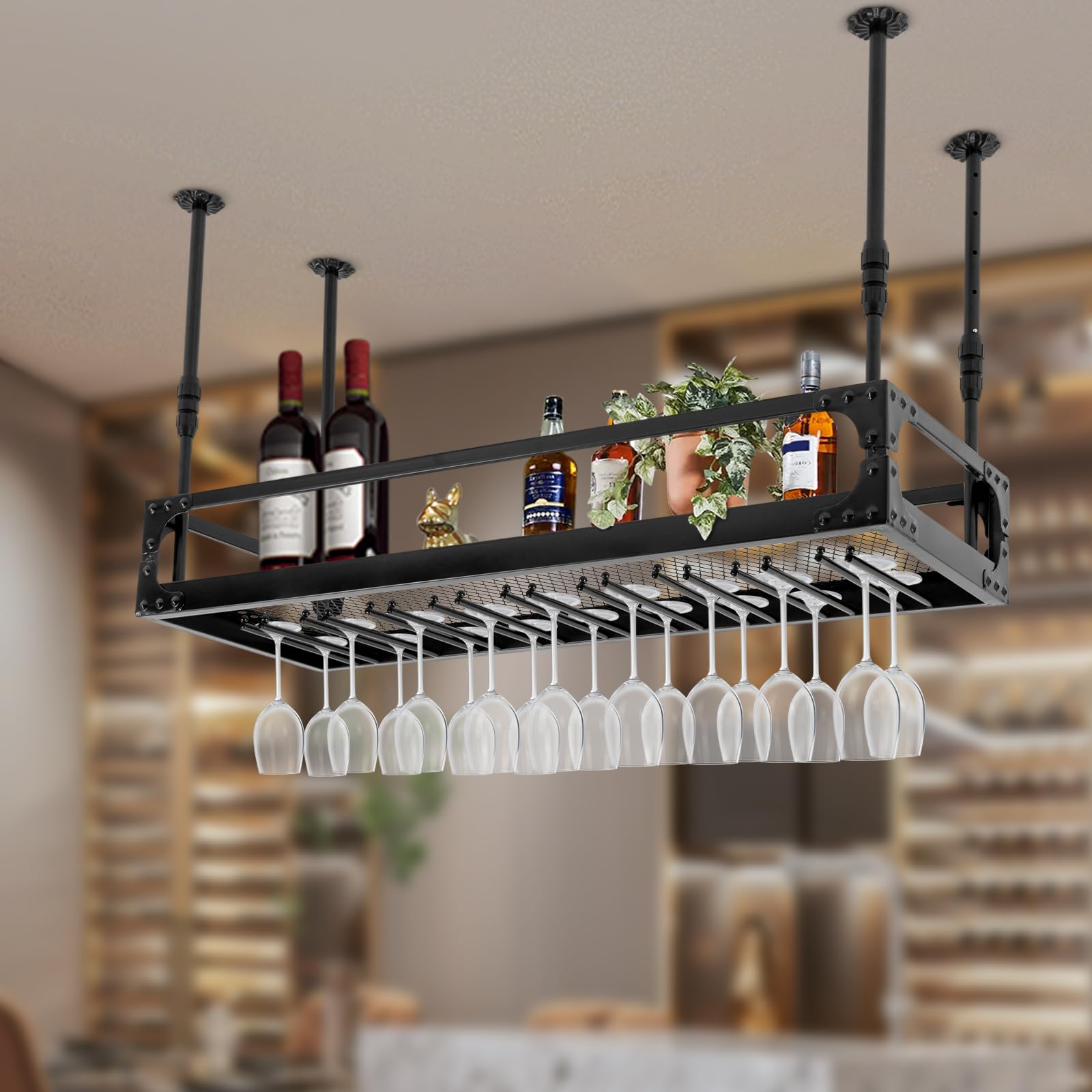 Mensola da soffitto per vino, da soffitto, in metallo, regolabile in altezza, fino a 50 kg, 100 x 35 x 55 cm, colore nero, per bar, ristorante, caffetteria, cucina