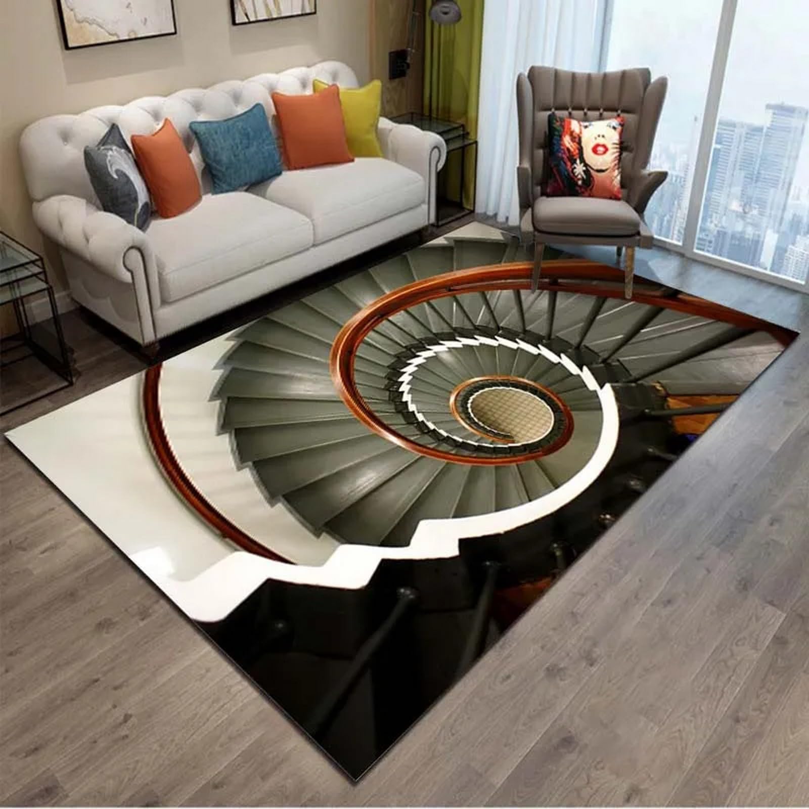 3D Printed Mat Rugs Anti-Slip Rug Carpet Home Decoration Print Bedroom Non-Slip Floor Rug - European Retro Illusion Spiral Staircase Landscape 200 X 300 Cm / 78.74" X 118.11" - Polyester Soft Tou -5Y6