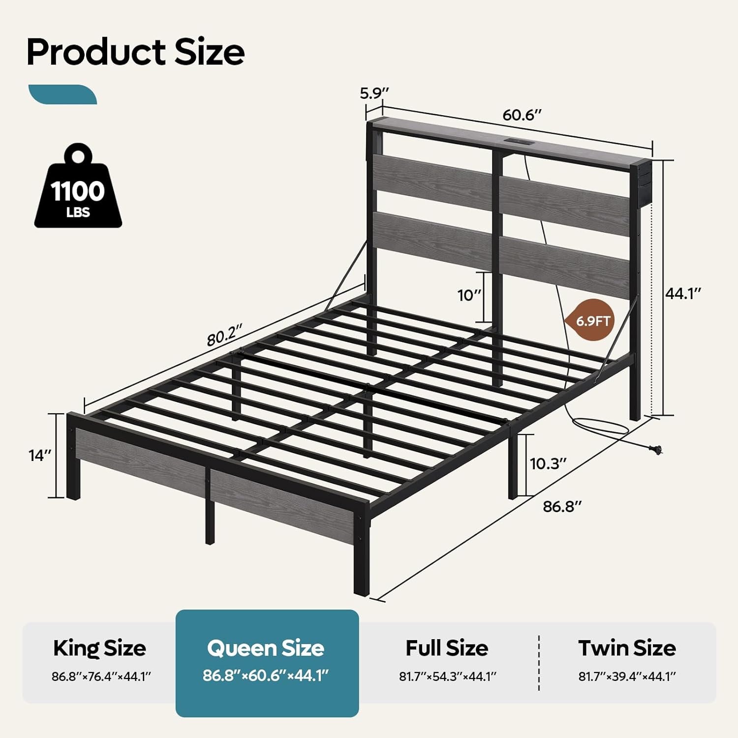 Product size diagram for Bestier Queen Bed Frame showing length, width, and height measurements.