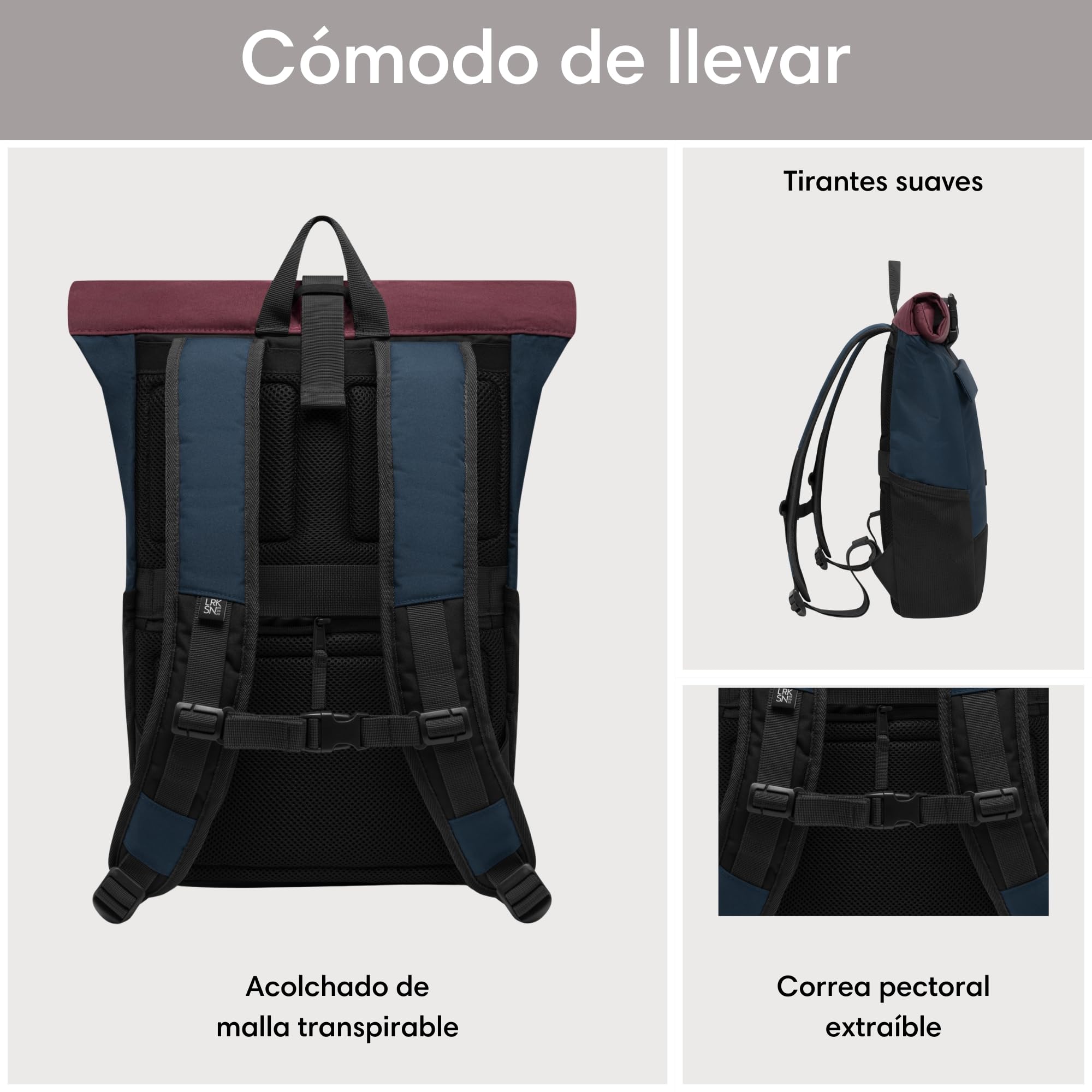 LARKSON Mochila Enrollable Hombre & Mujer - No 4 - Macuto para Viaje, Uni, Trabajo - de Botellas Pet Recicladas - Bolso para Portátil - Impermeable