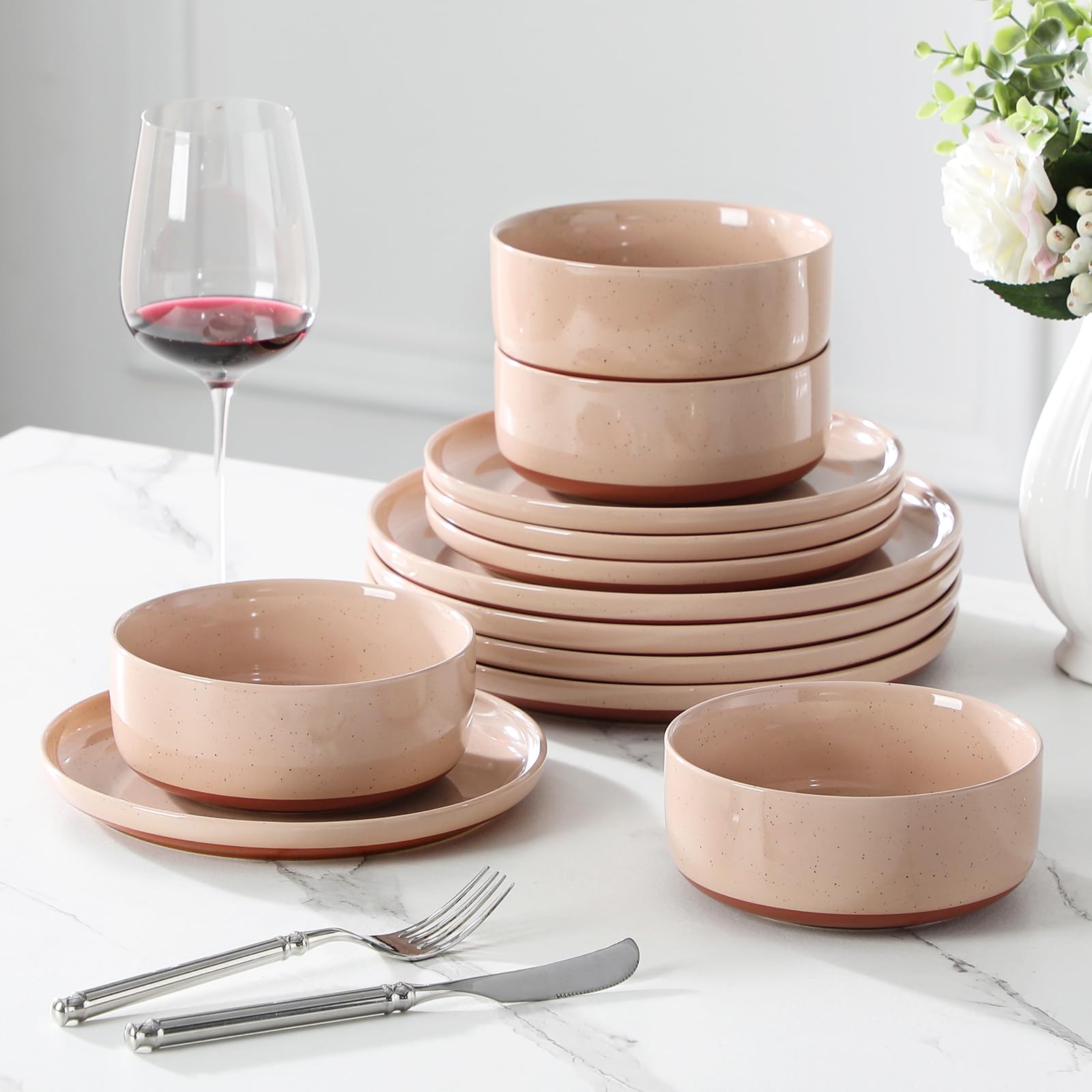 MALACASA Juego de platos y cuencos, juego de vajilla moderna de cerámica de 12 piezas para 4 platos de cocina, juego de vajilla de cerámica, apto para microondas y lavavajillas, rosa, serie TARA