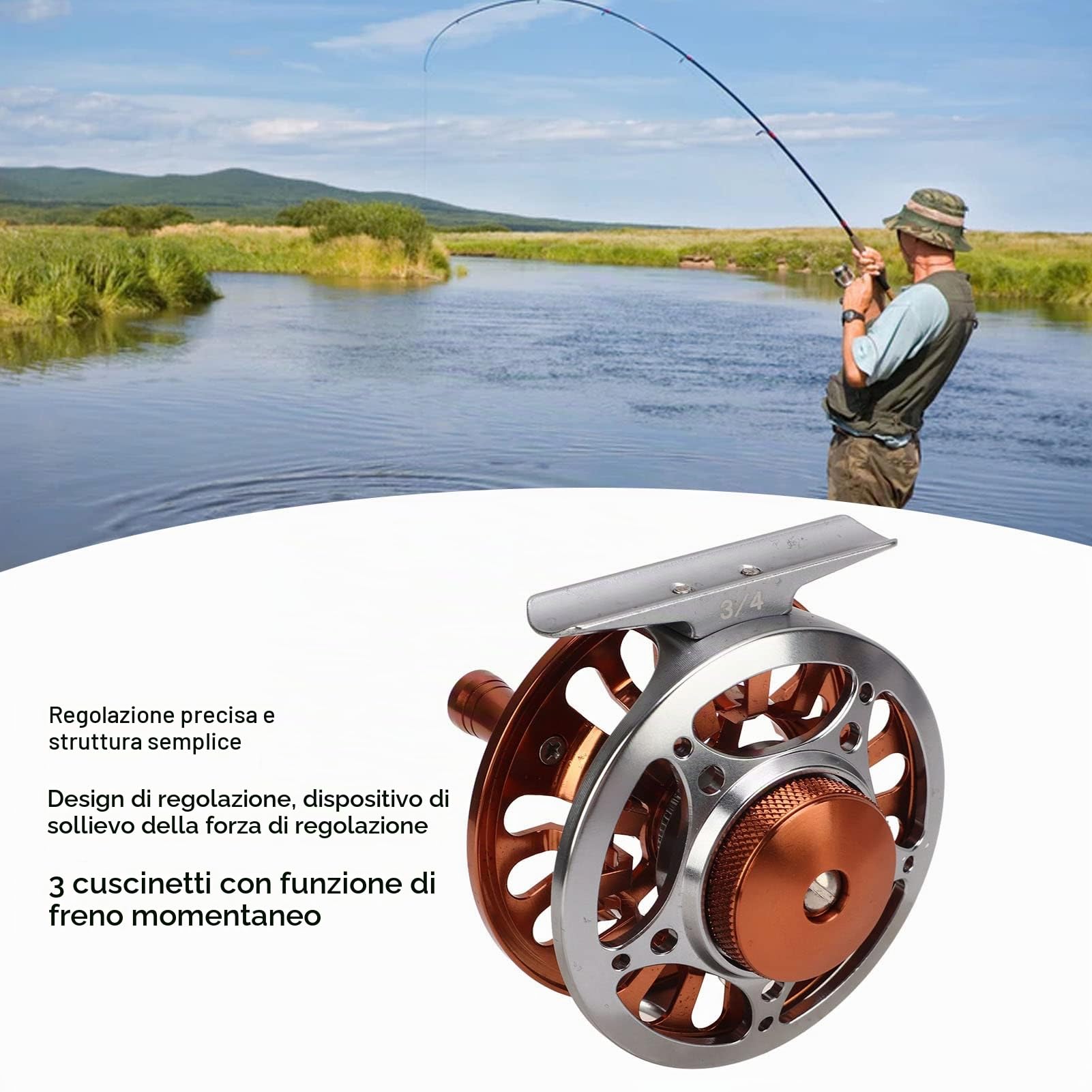 Fockety Mulinello da Pesca a Mosca, Mulinello da Mosca con Corpo in Lega di Alluminio Lavorato CNC da 3/4 di Peso, 1:1 Rapporto di Trasmissione 3 Cuscinetti sigillati Mulinello da Pesca