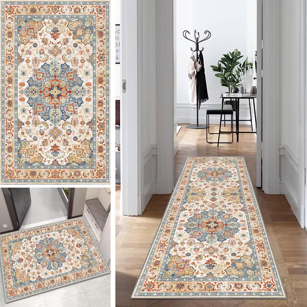 Tapis de couloir bohème - Multicolore - Long - Style vintage - Pour chambre à coucher - Antidérapant - Lavable - 90 x 200 cm - Durable - En polyester - Vendu au mètre