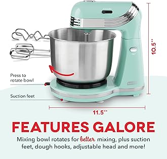 Dash Stand Mixer (Electric Mixer for Everyday Use): 6 Speed Stand Mixer with 3 Quart Stainless Steel Mixing Bowl, Dough Hooks & Mixer Beaters for Dressings, Frosting, Meringues & More - Aqua