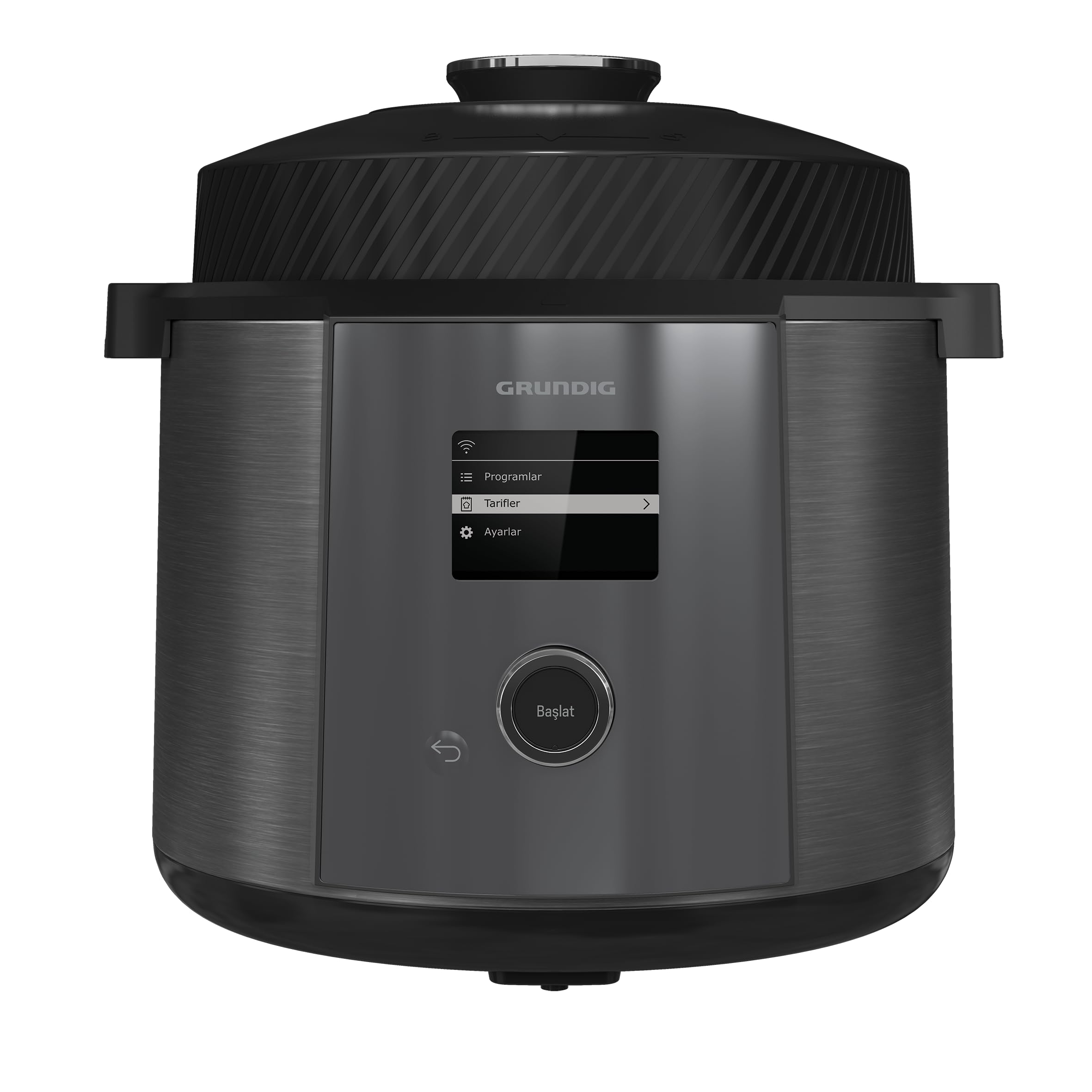 Grundig MC 425911 Multi-Purpose Cooker with its digital control panel displaying menu options.