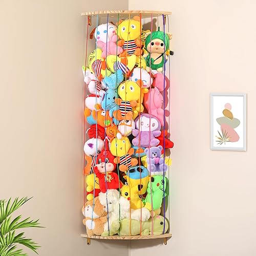 Organizador de juguetes de almacenamiento de animales de peluche, estante de pared de almacenamiento de felpa de esquina de madera, soporte de