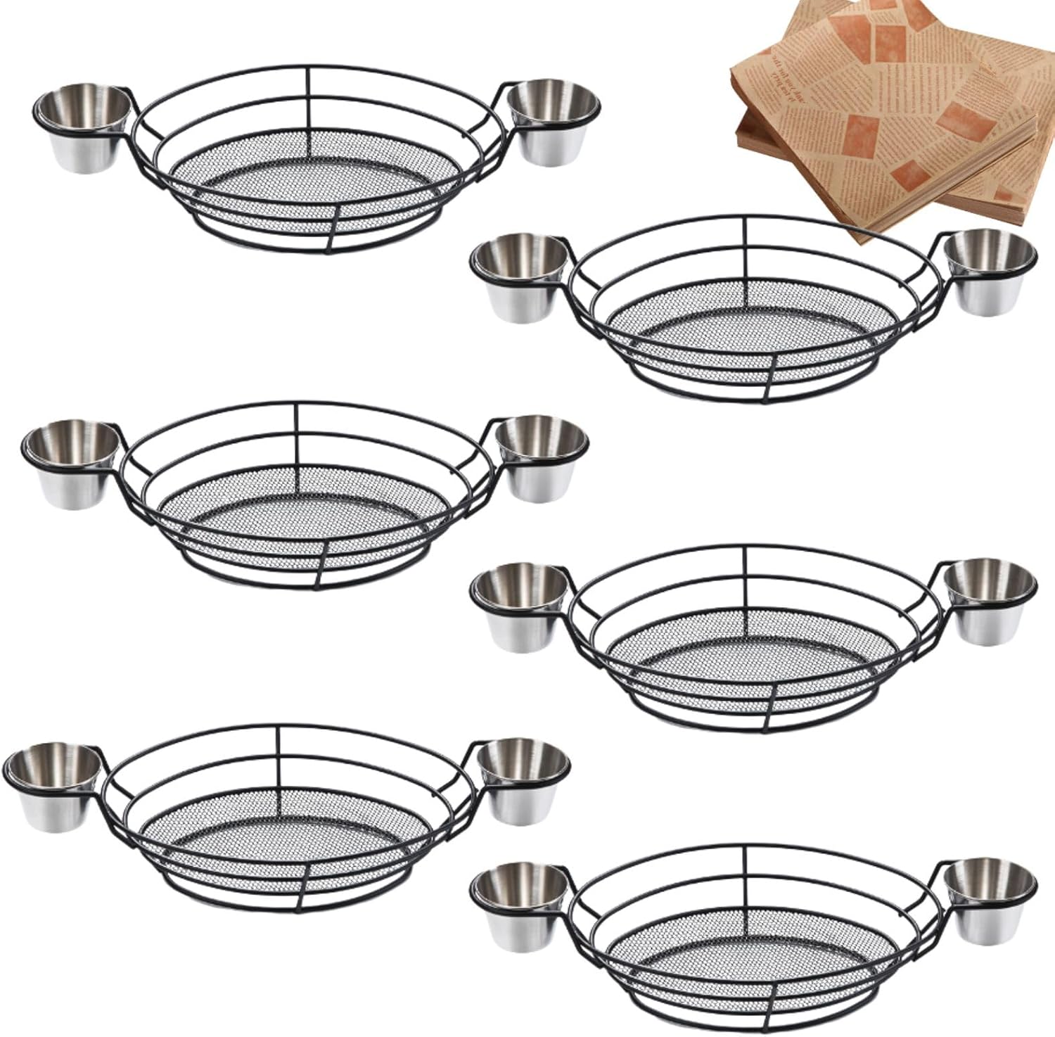 6 Pcs Wire Bread Basket,Oval Metal Wire French Fries Basket with 2 Sauce Dipper, Reusable Fast Food Baskets with100Sheets Deli Wrappers Paper for Hot Dog, Burger, Bread,Fruit（13.4 x6.3 x 2.7 IN)