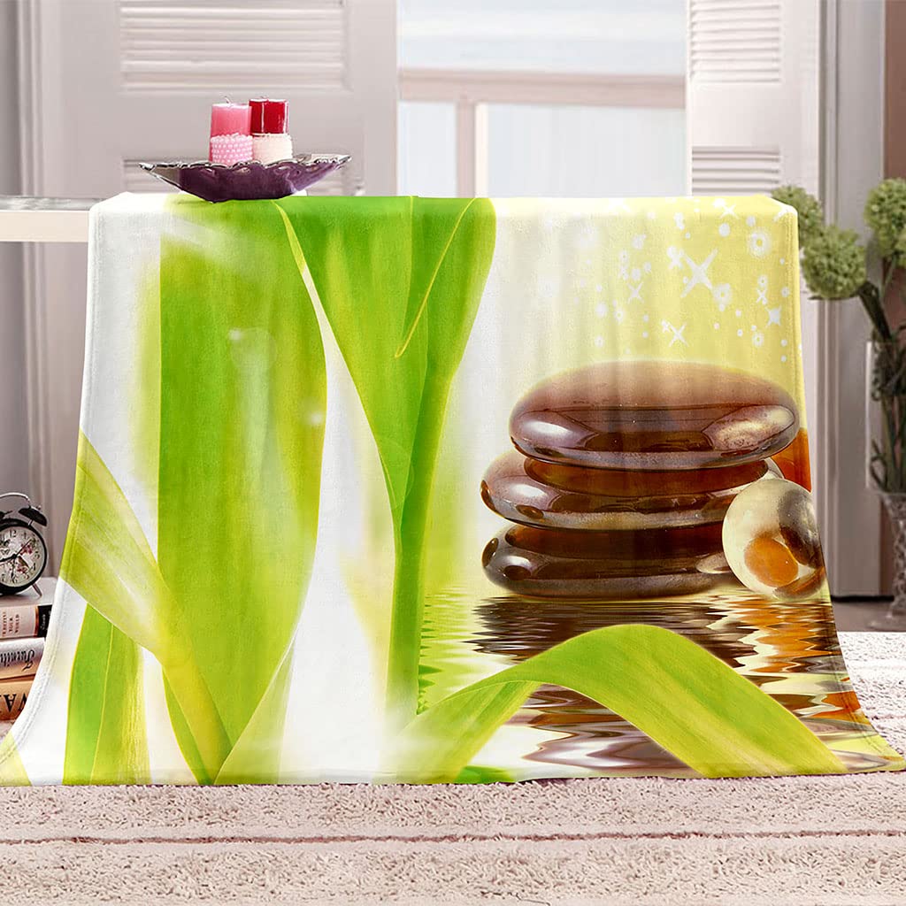 Mantas para Cama De Franela Invierno para Infantil Y Adulto 150X200Cm Manta Polar De Felpa De Microfibra Suave para Sofá, 3D Guijarros De Hojas De Bambú Verdes Patrón, Cálida Y Transpirable