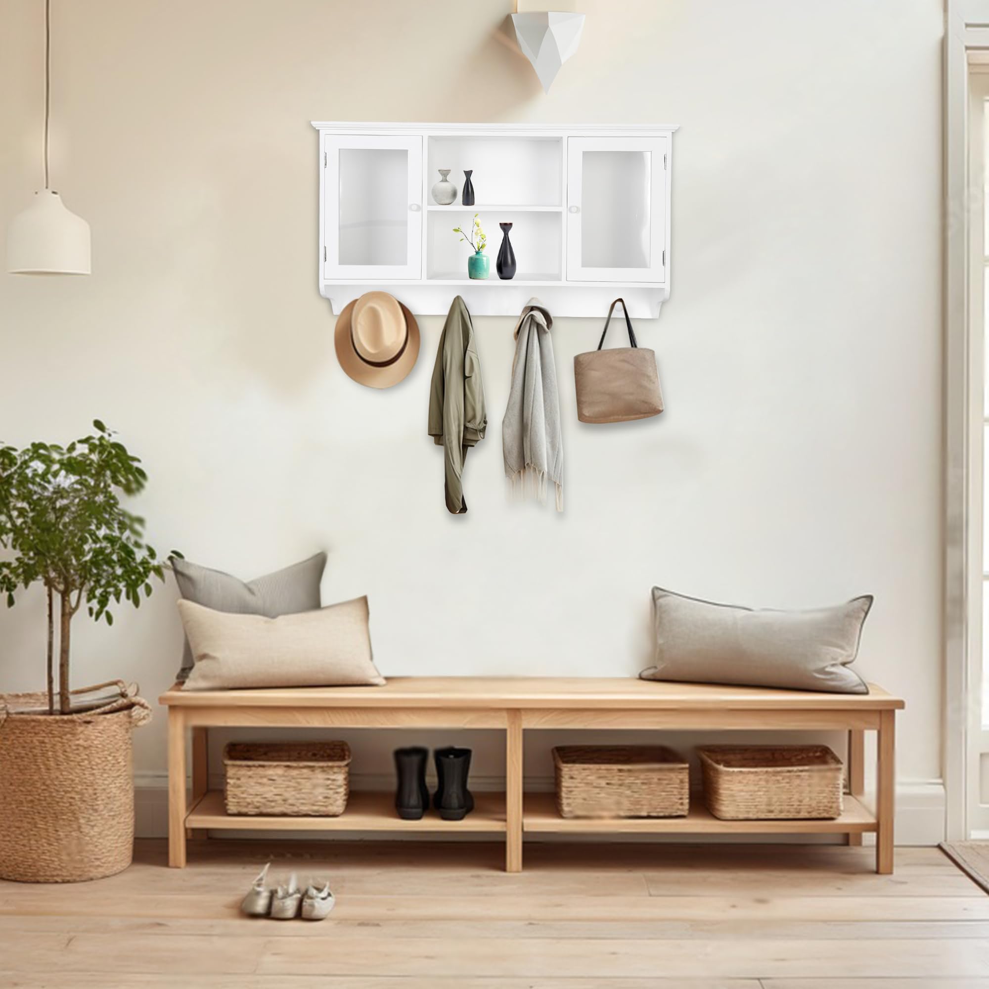 DRULINE Mała szafka wisząca, szafka ścienna, witryna, szafka kuchenna, szafka łazienkowa, białe drewno, akryl, (szer. x wys. x głęb.) ok. 60 x 34 x 15 cm