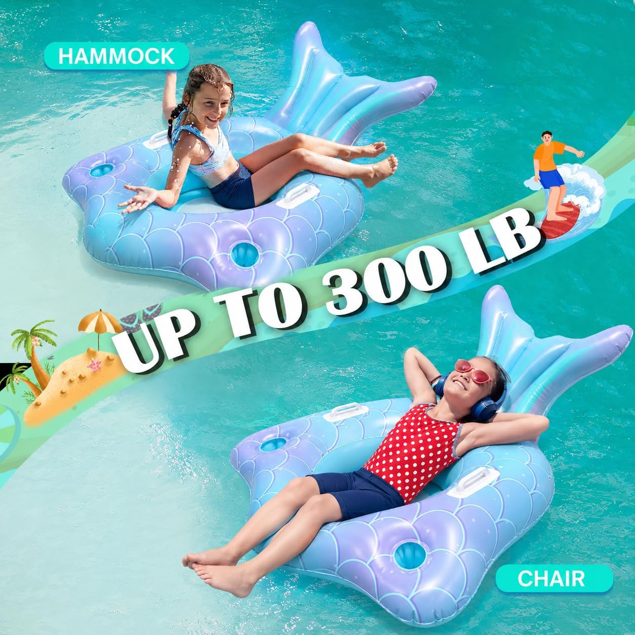 Premium Thickened Mermaid Pool Float for Kids - Inflatable Mermaid Tail Lounge Raft with Cup Holders, Backrest, Mesh Bottom and Handles Summer Water Fun Beach Party Swimming Pool Toys, Blue-to-Purple