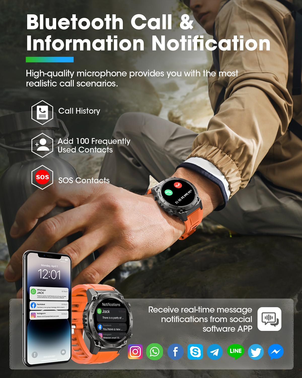 DEKELIFE Smartwatch Uomo Militare, 1.46” Orologio Smartwatch con Chiamata Bluetooth, 500mAH IP68 Impermeabile 120 modalità Sportive Cardiofrequenzimetro e Sonno, Smartwatch per Android iOS, Arancione