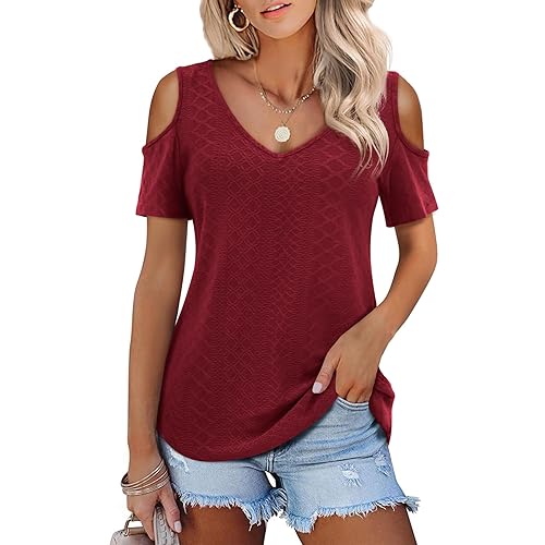 Amoretu Womens Short Sleeve Cold Shoulder Basic Tee Tops Shirts