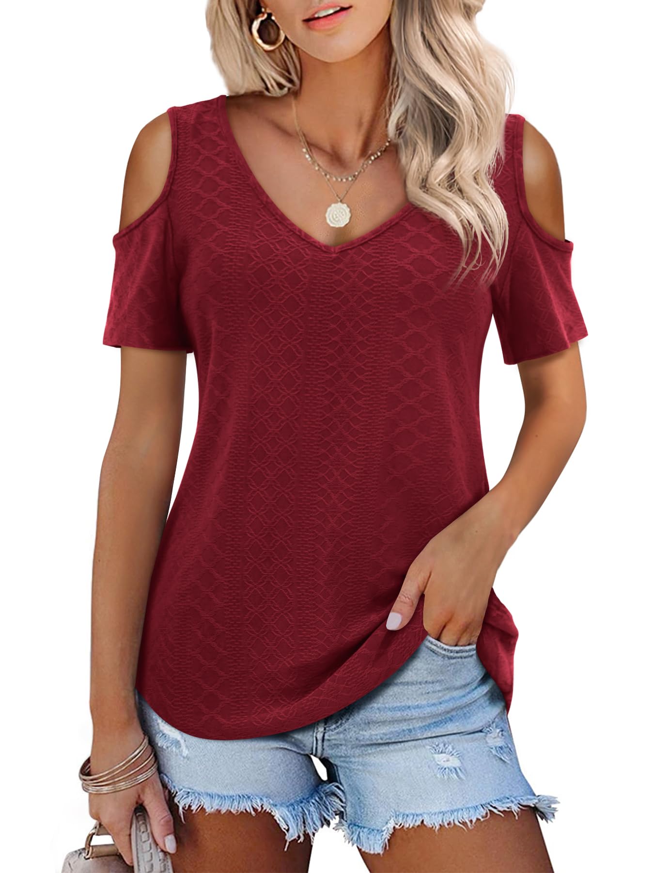 Amoretu Womens Short Sleeve Cold Shoulder Basic Tee Tops Shirts