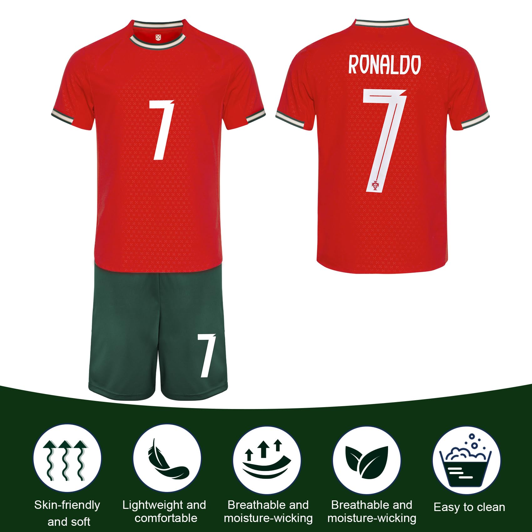 Maillot de football pour enfants - N° 7 - Ensemble maillot de football avec t-shirt, short, chaussettes et genouillères, maillot pour garçons et filles