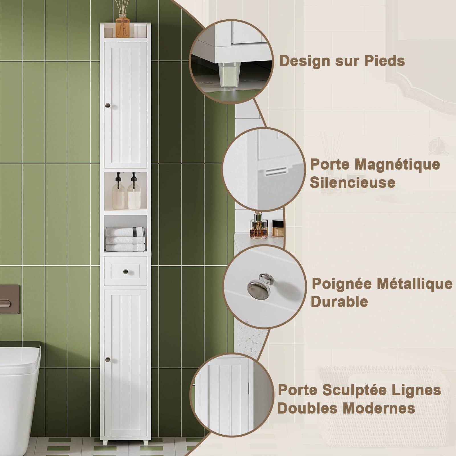 Meuble Colonne Salle de Bain, Armoire Haute de Salle de Bain avec 2 Portes et 1 Tiroir, Étagères Réglables, pour Petits Espaces, Blanc