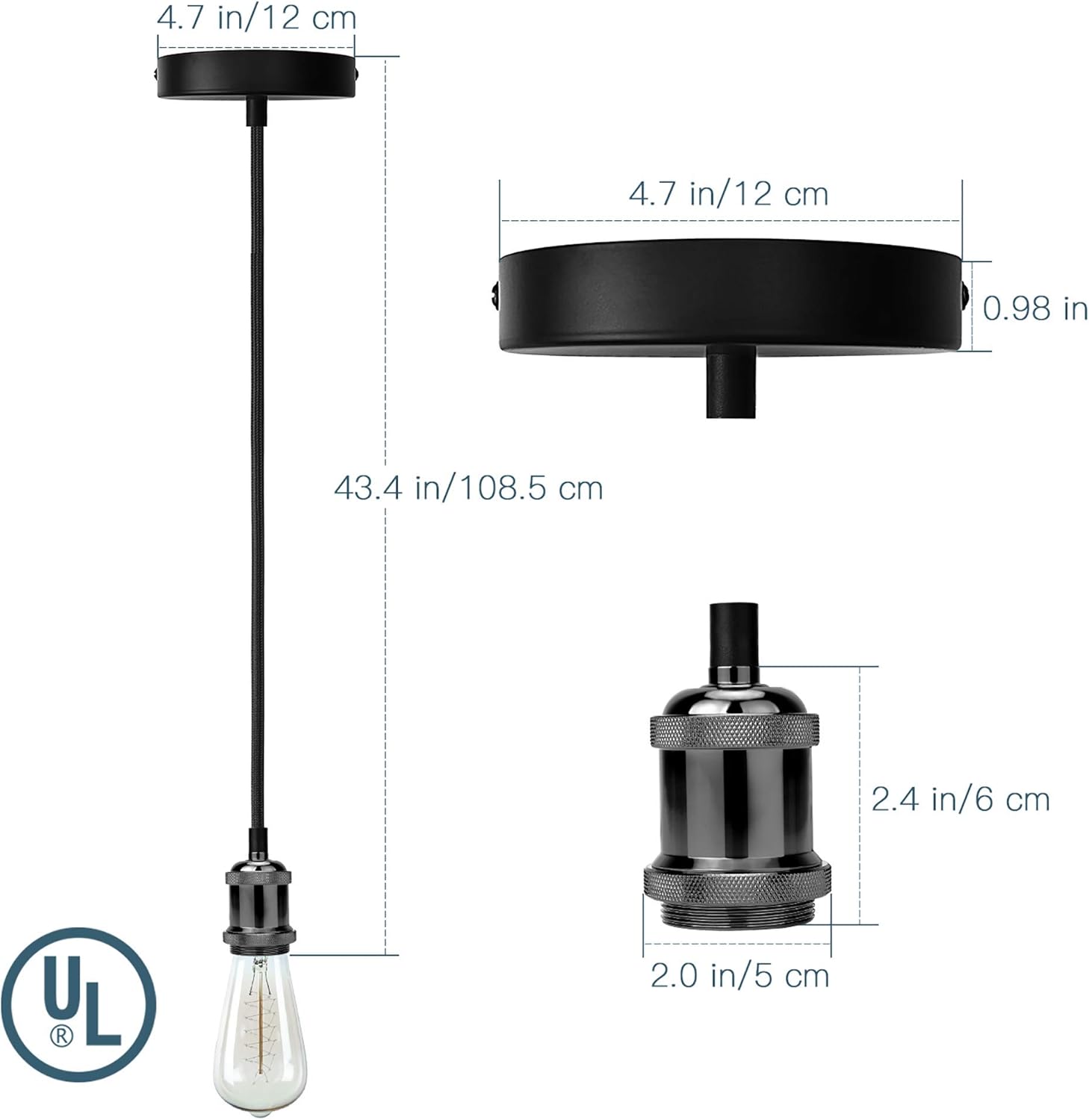 JACKYLED Pendant Light Kit UL Canopy Kit Copper Socket E26 E27 Lampholder Black Woven Fabric Pendant Light Cord Adjustable Ceiling Lighting (Pearl Black)