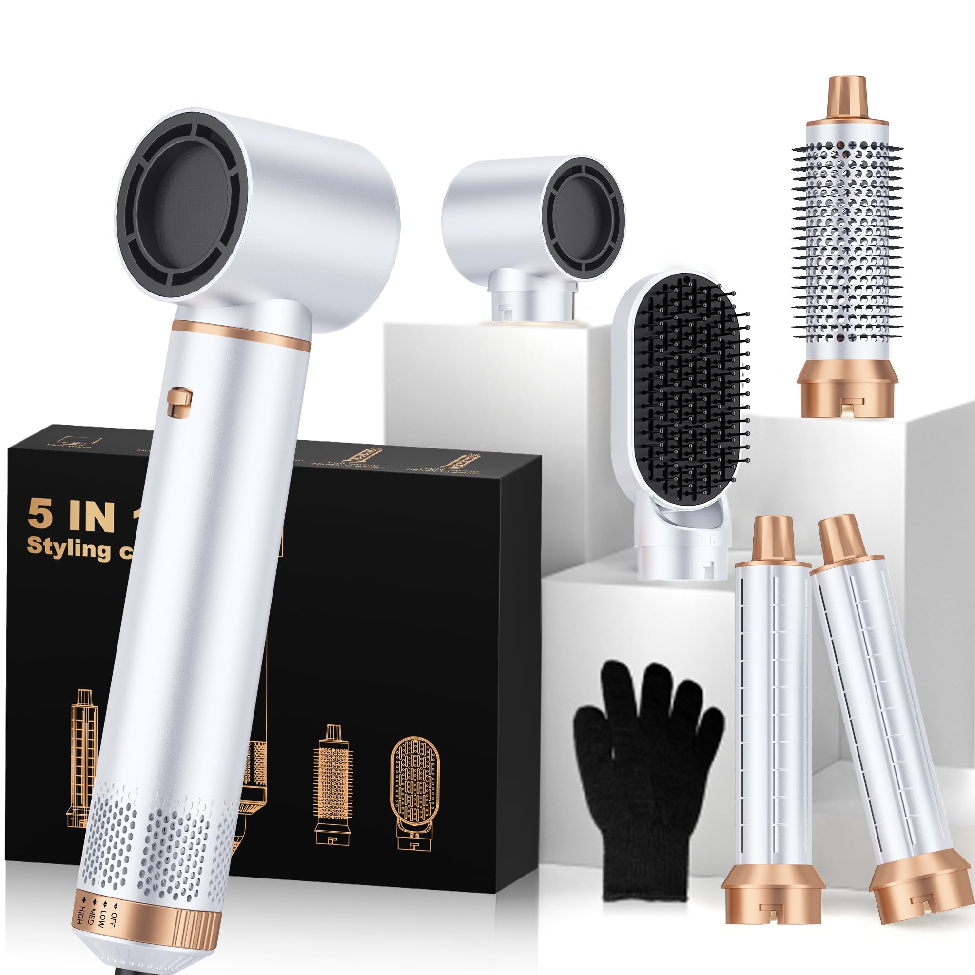 5 in ONE Hair Dryer Brush, Blow Dryer Curling Wand Hair Styling Tools Set, Ionic Hot Air Brush Round Brush Blow Dryer, Left&amp;Right Styler 100-120V
