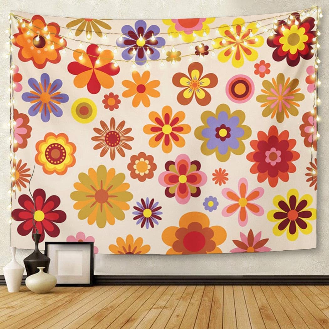 TOMPOP Tapestry 1960 Vintage Flowers 60S 70S Orange Hippie Home Decor Wall Hanging for Living Room Bedroom Dorm 60x80 Inches