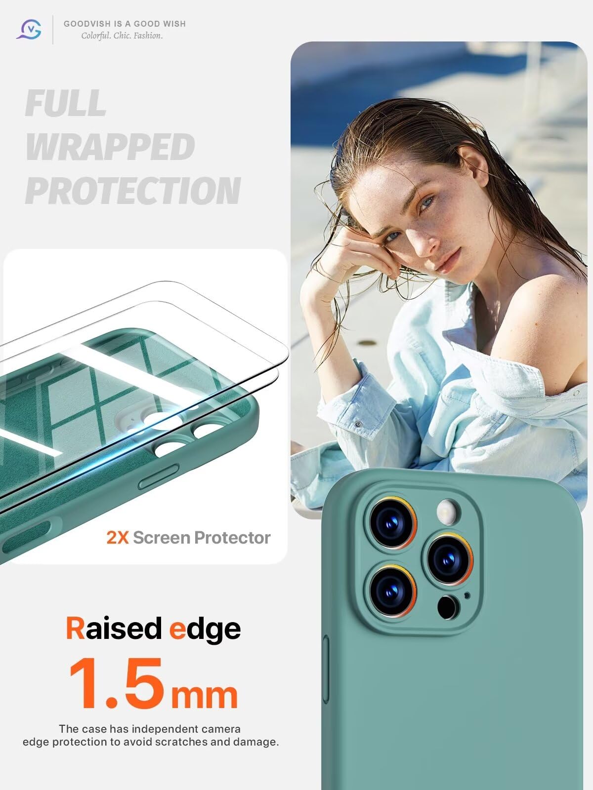 GOODVISH 3 in 1 Silicone Cover per iPhone 16 Pro 6.3", Custodia con 2 Pellicola Vetro Temperato [Protezione Fotocamera] 360° Protezione Anticaduta Case per Cellulare Antiurto Resistente, Verde