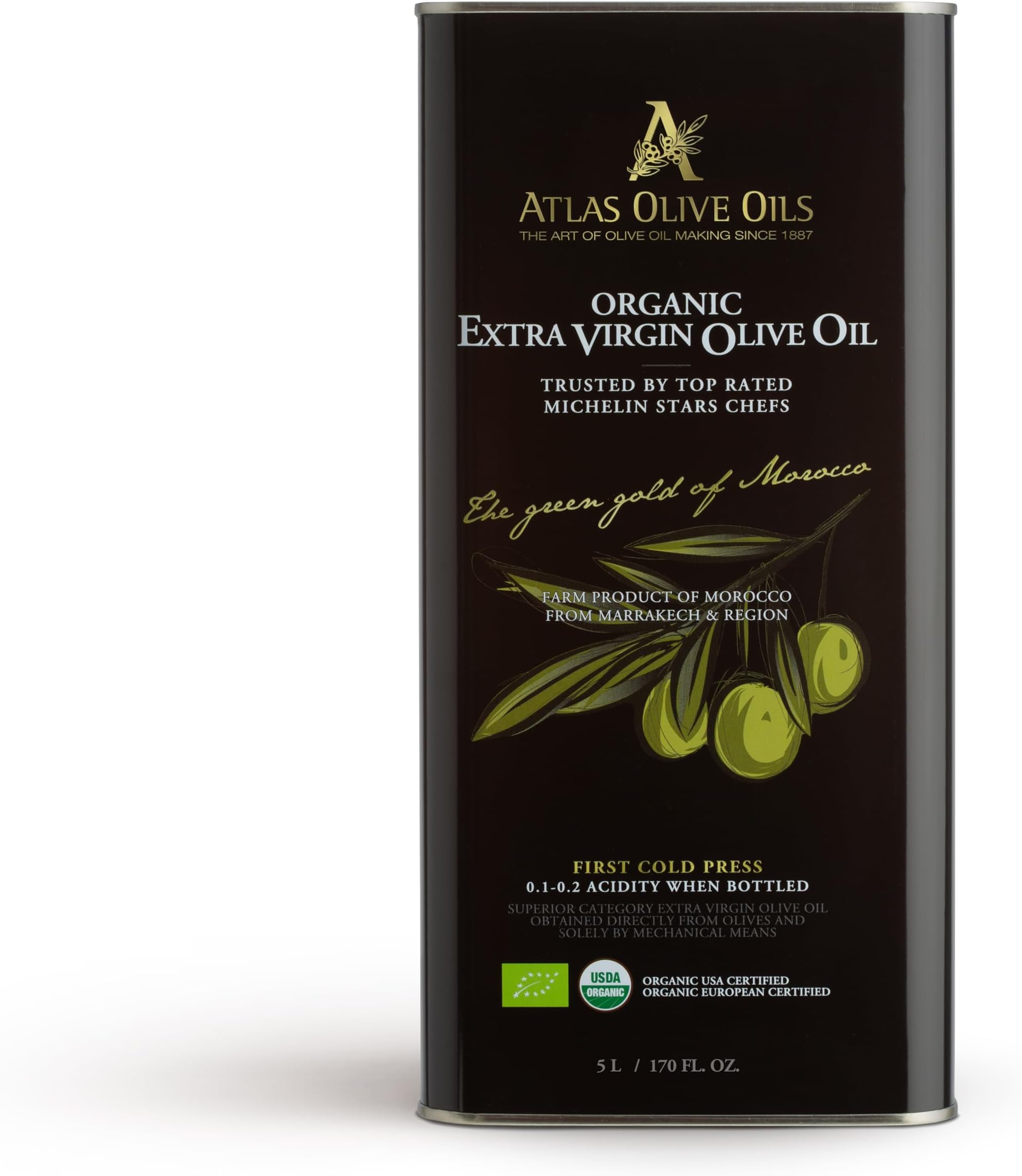 A ATLAS OLIVE OILS Bulk Organic Cold Pressed Moroccan Extra Virgin Olive Oil, Polyphenol Rich, Newly Harvested Unprocessed from One Single Family Farm Cold Press Ext. Virgin 170 Fl Oz (Pack of 1)