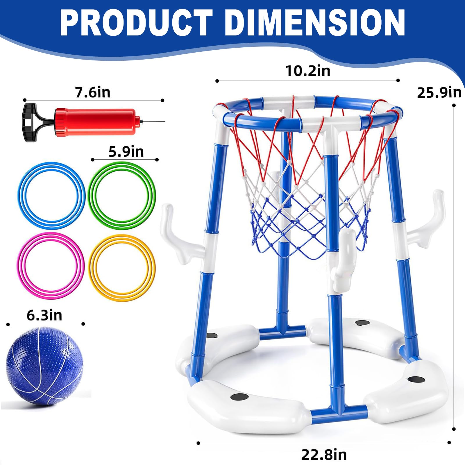 Pool Basketballkorb Schwimmender Basketballkorb mit 4 Bällen 12 Wurfringe Pumpe Aufblasbar Wasserspiel