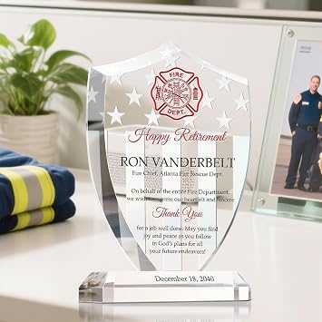 Personalized Crystal Shield Firefighter Retirement Award Plaque Custom Engraved with Maltese Cross, Retirees Name, Title & Department Unique Gift for Fire Chief, Fireman & First Responders (M-7.5)