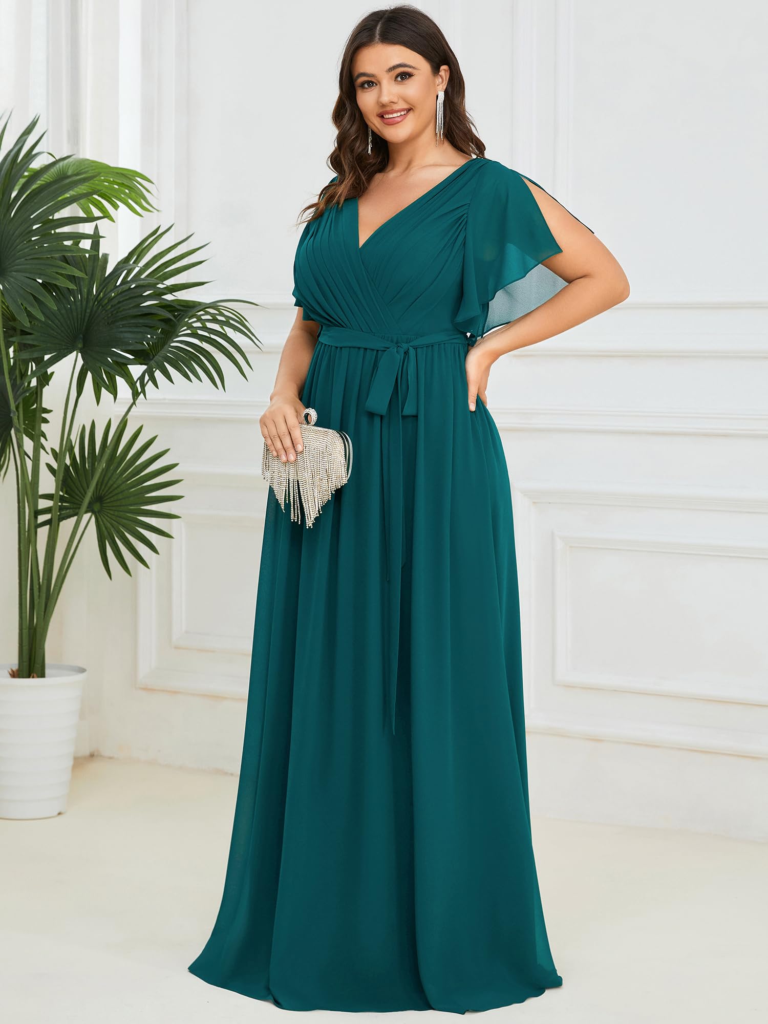 Ever-Pretty Plus Vestido formal de dama de honor para mujer, de gasa, acampanado, con cuello en V, cintura imperio, longitud hasta el suelo, talla grande