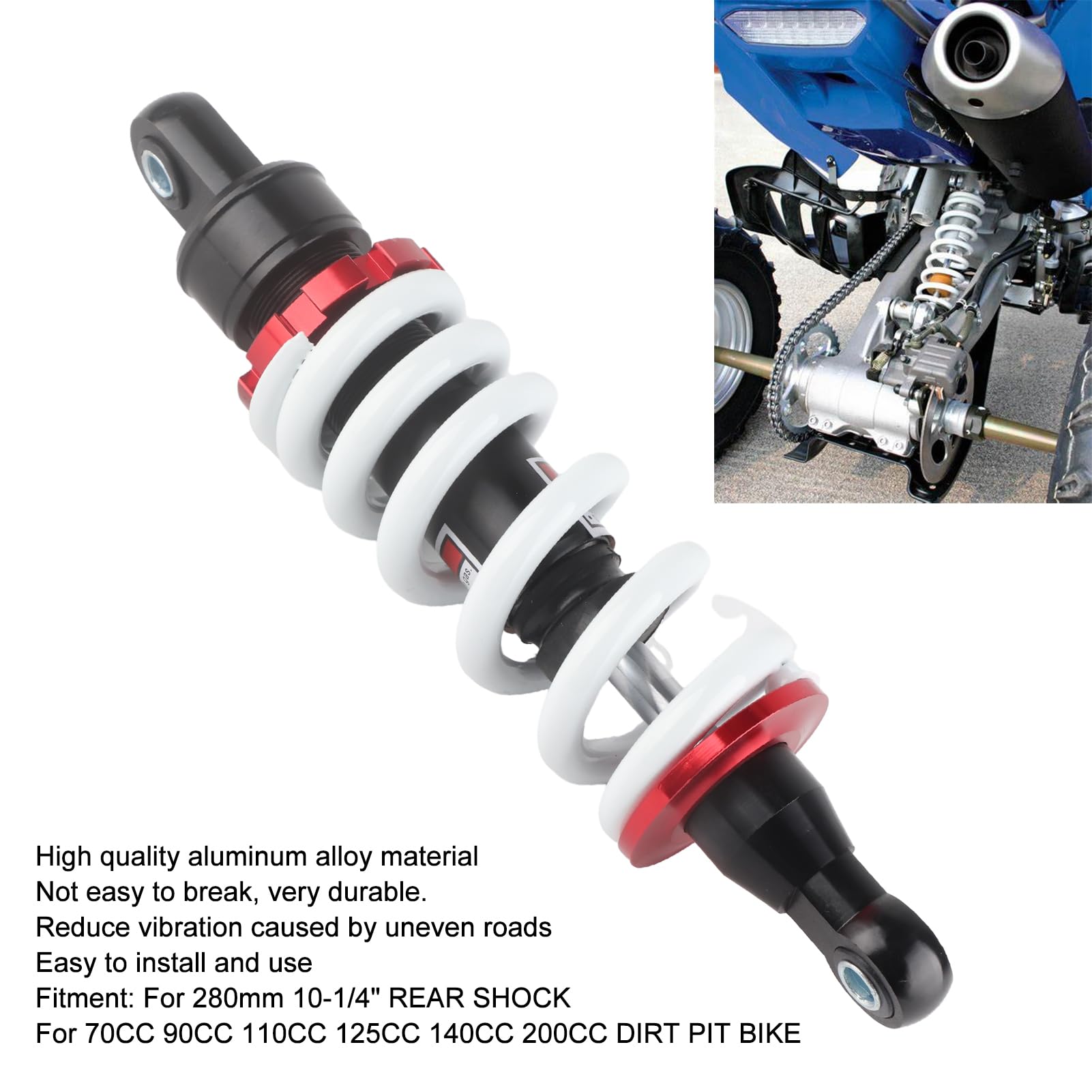 Amortiguador Trasero de Motocicleta, 280mm 660lbs 12mm Agujero, Puntales de Suspensión Trasera de Motocicleta Para 70cc 90cc 110cc 125cc 140cc 200cc Dirt Pit Bike, ATV