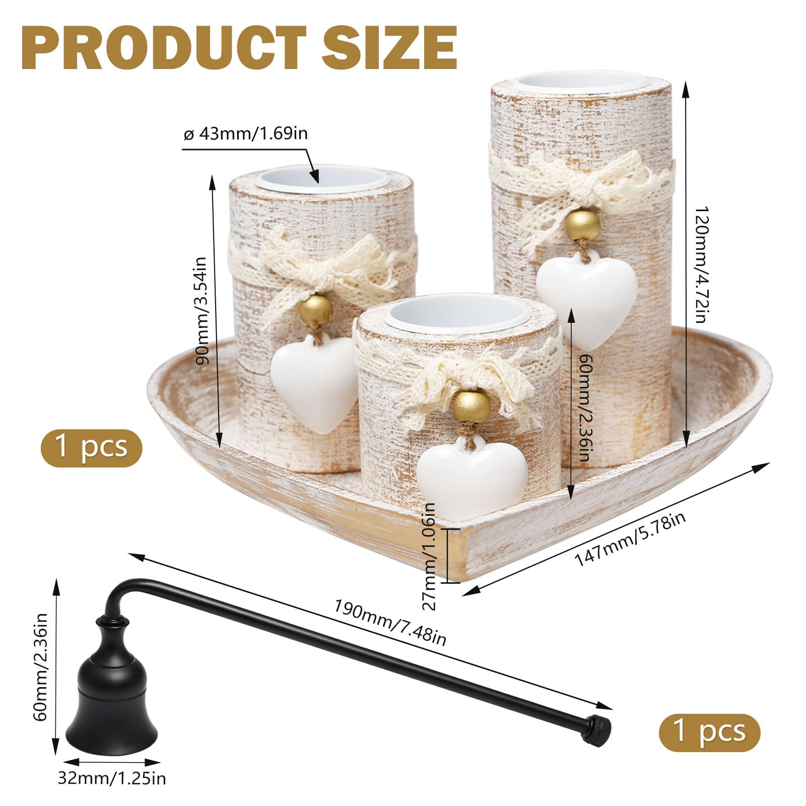 Set di 3 Portacandele in Legno con Vassoio a Cuore e Campana Spegnicandela Candelabri decorativi per Tealights per Compleanni,Matrimoni,Cene Romantiche,Natale e Decorazioni da Tavolo