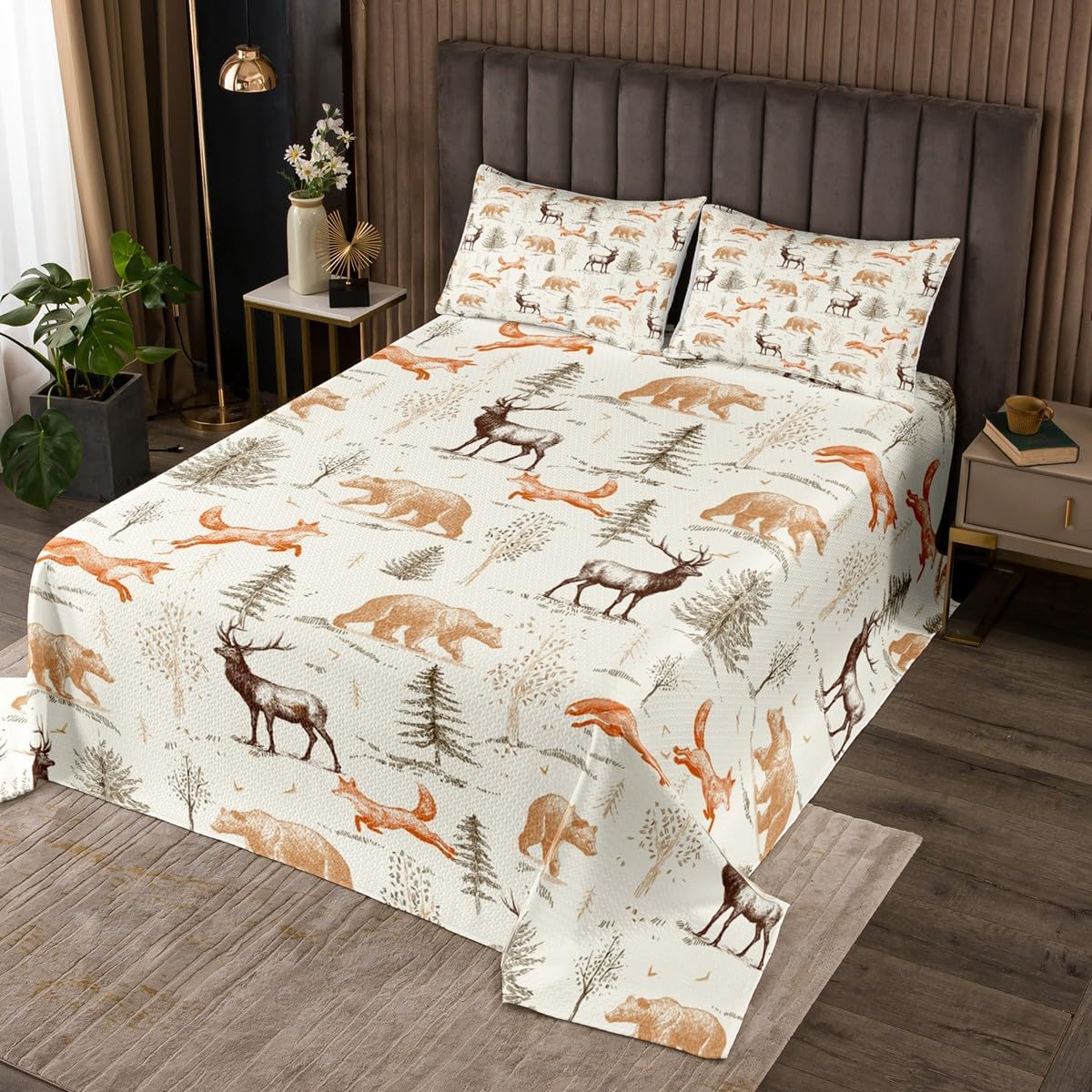 Castle Fairy Deer Bear Bedspread Twin Size,Fox Tree Print Bedding Sets 2Pcs for Kids Girls Boys Room Decor,Wild Animals Hunt Comforter Set Southwestern Quilt Coverlet,1 Pillowcase