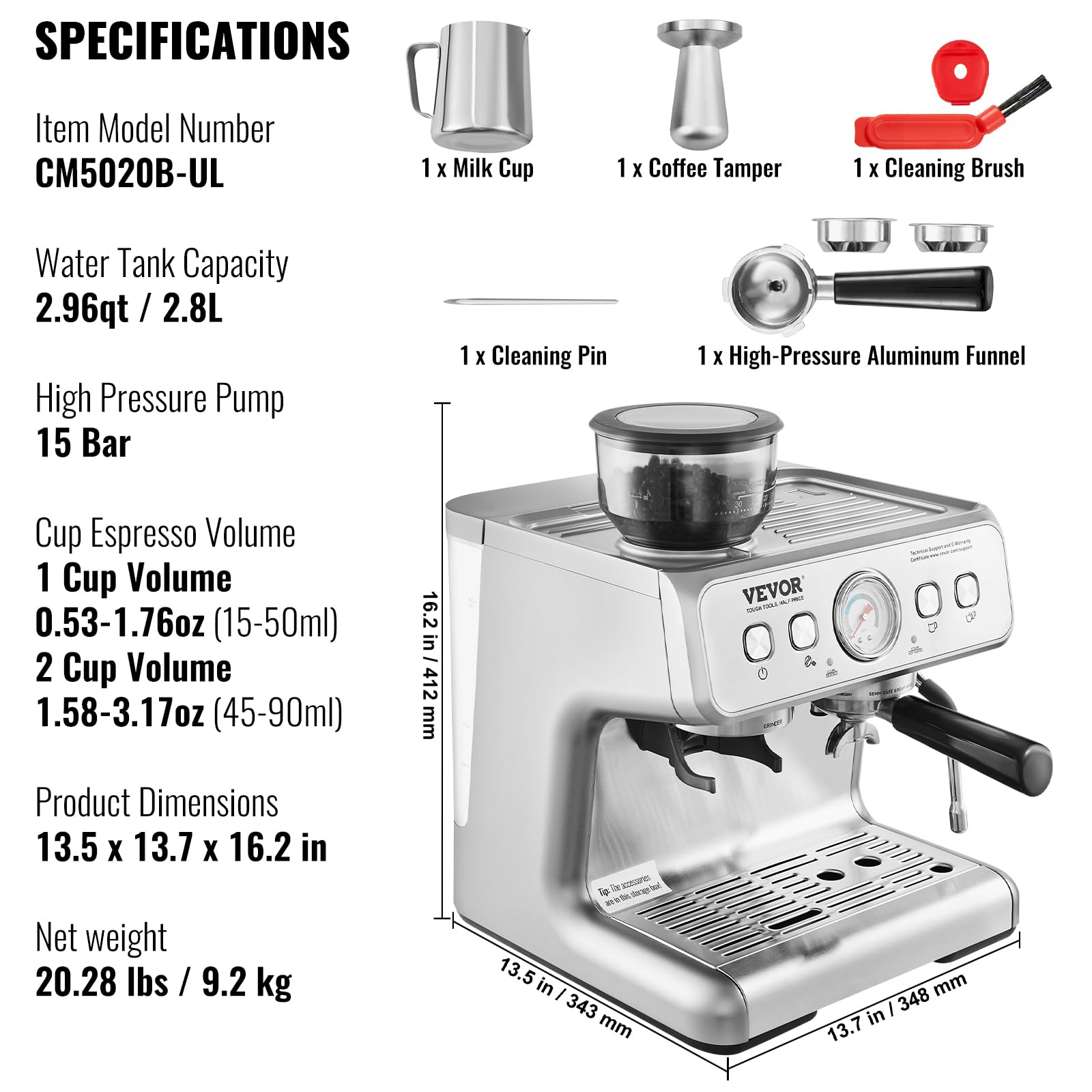 VEVOR Macchina per Caffè Espresso con Macinacaffè, Macchina per Caffè Espresso Semiautomatica da 15 Bar con Montalatte, Serbatoio dell'Acqua Estraibile e Manometro