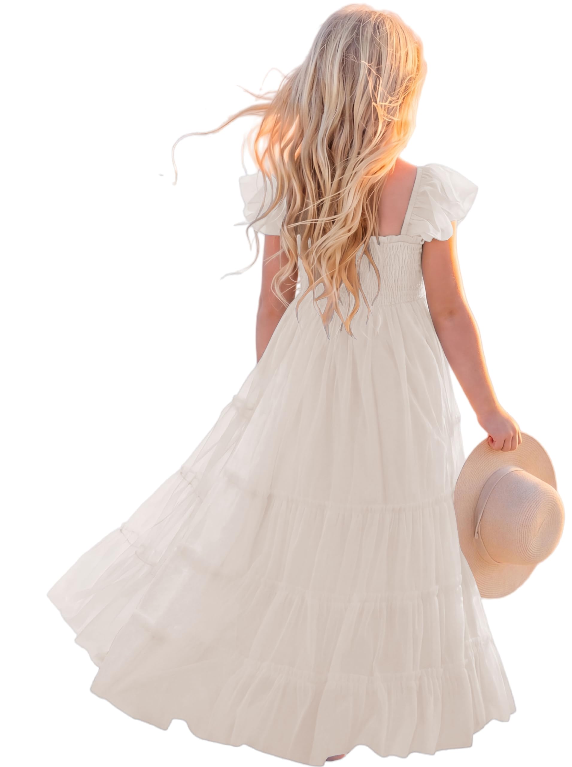 Kismissal Flower Girls Dress for Wedding Boho Toddler Girls Ruffle Tulle Elegant with Sleeves Garden Party Beach Holiday