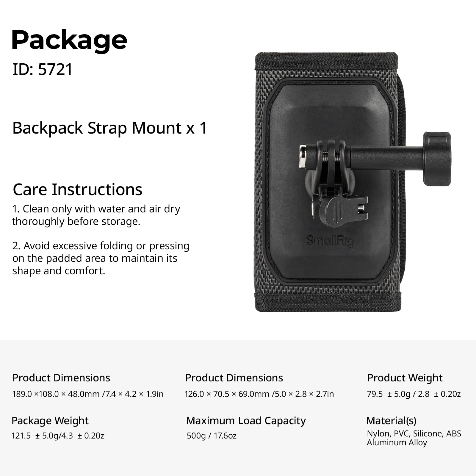 SMALLRIG Uchwyt na pasek do plecaka do GoPro Hero 13/12/11, do DJI Osmo Nano Action 6/5 Pro/4/Pocket 3, do Insta360 X5/4/3/Ace Pro 2, mocowanie na rzep z adapterem głowicy kulowej -5721