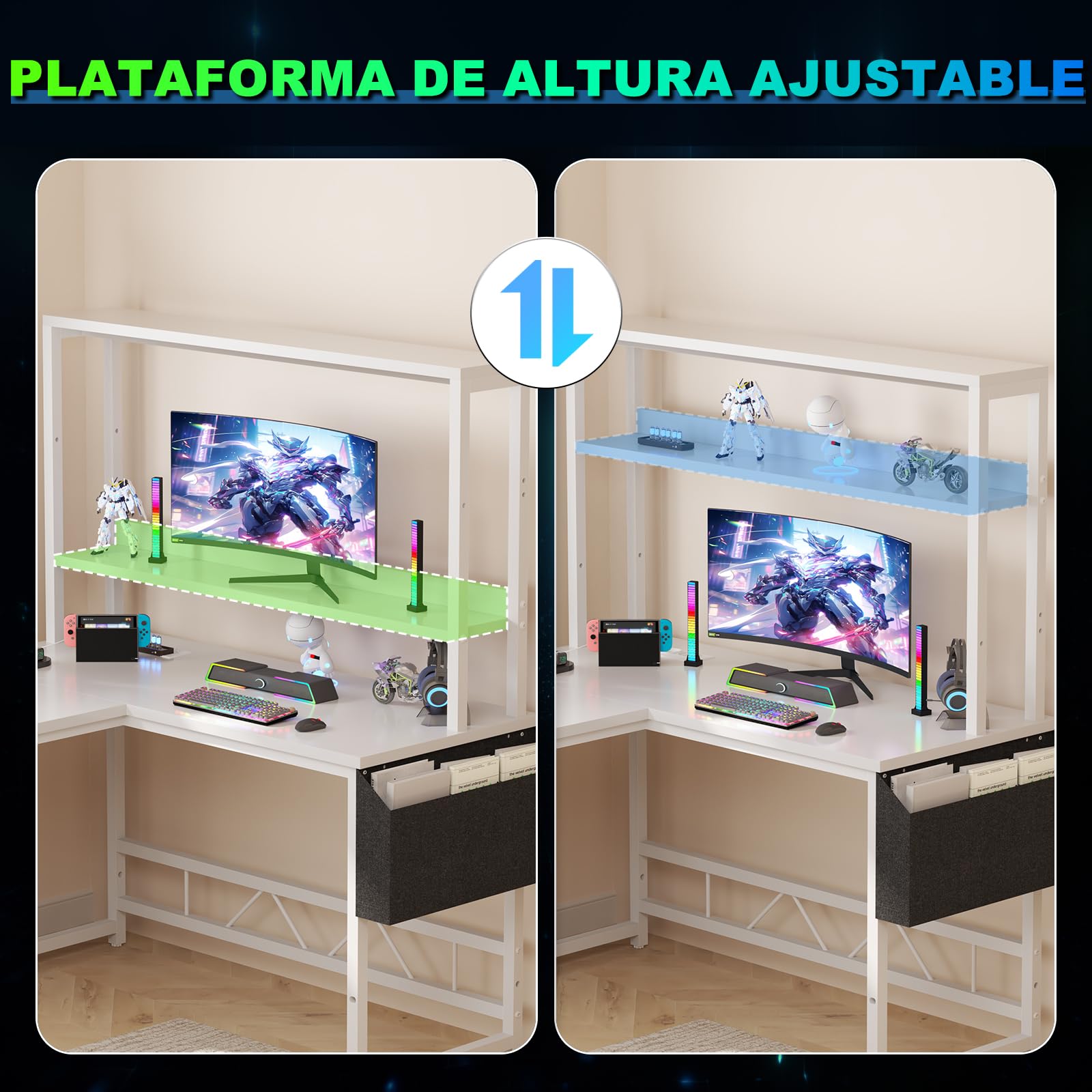 Devoko Escritorio de Juego con LED, Escritorio de Esquina Escritorio de Juego con 2 enchufes y 2 Puertos USB, Escritorio de Ordenador con Almacenamiento, Marco de Acero, 160 x 120 cm, Blanco