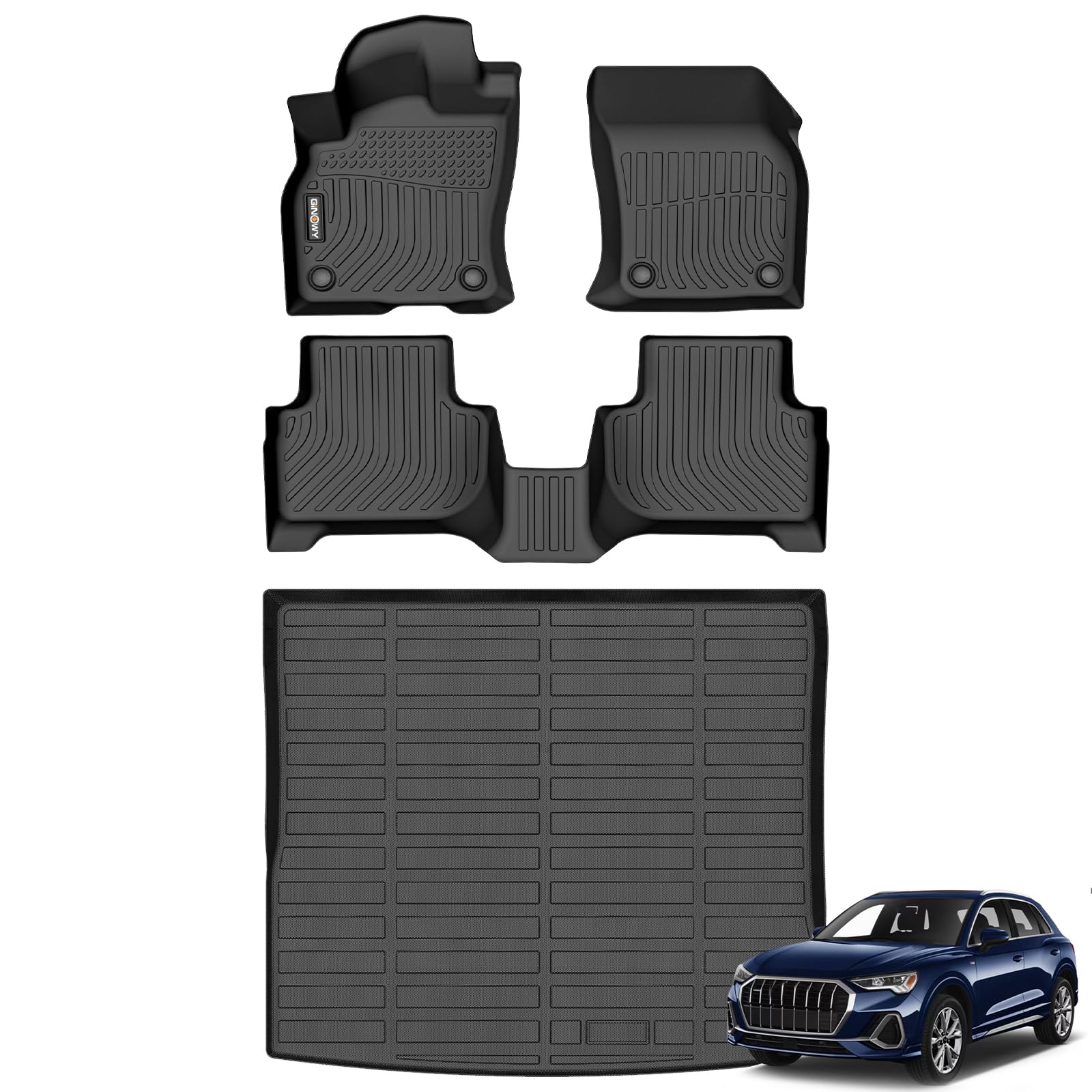 GINOWY-Floor Mats & Cargo Liner for Audi Q3 2019-2024 2025, TPE All Weather Q3 Car Floor Mats Non-Slip Trunk Mat Floor Liners 2024 Waterproof Custom Fit Accessories Mats Black