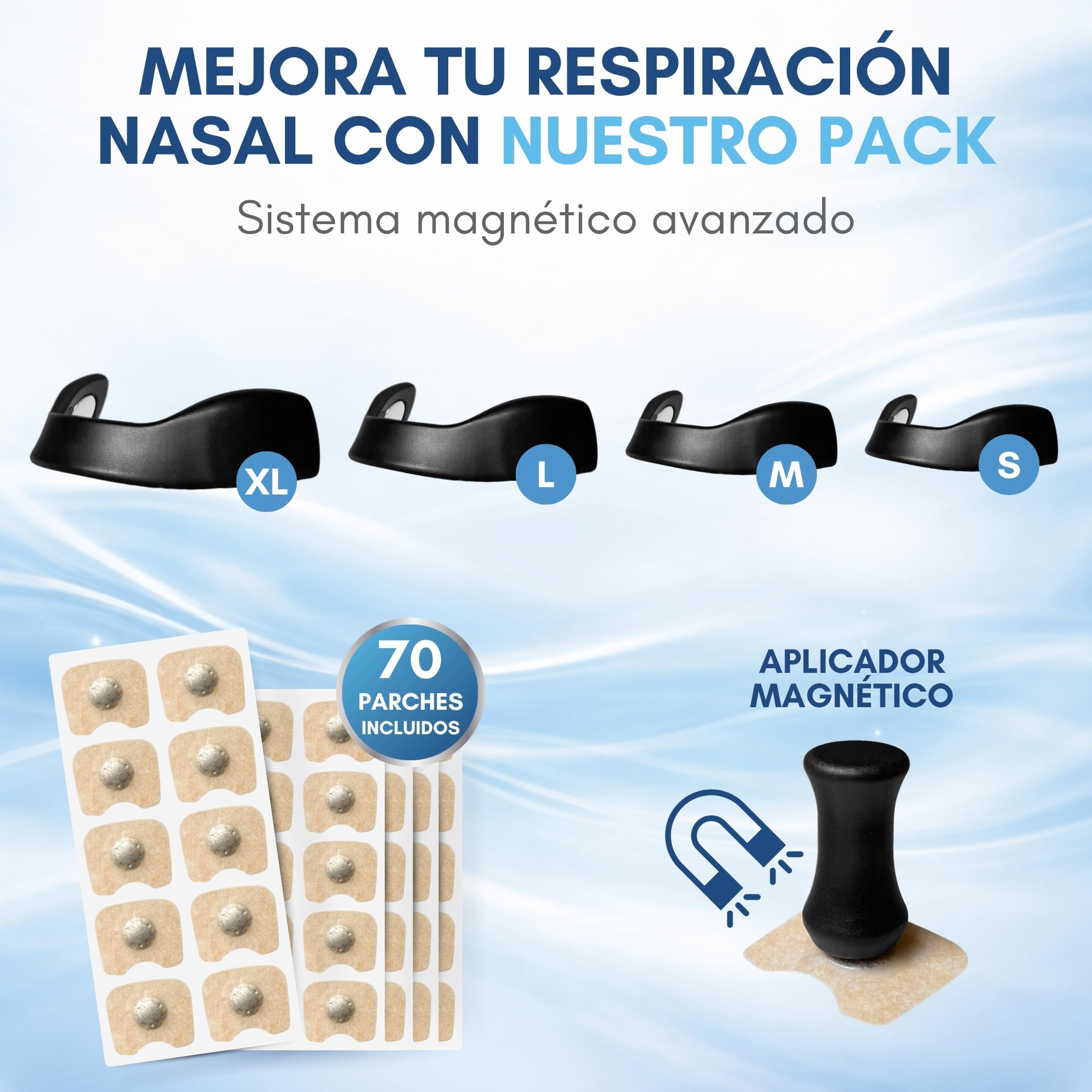 Tiras nasales magnéticas dormir - SKINNEX - respirador nasal magnético reutilizable con bandas magnéticas respiratorias para deporte running descanso flujo aire - 4 bandas + 70 parches + Aplicador