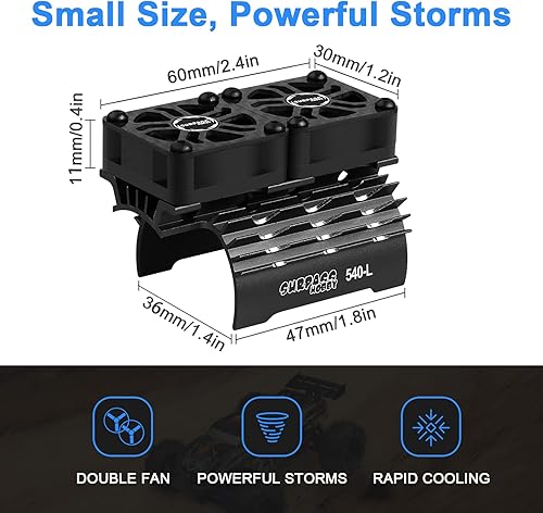 Miniatura 7 de Ventiladores de enfriamiento de motor de coche RC Surpass Hobby Ventilador doble de 30 mm con disipador de calor metálico 3650 3660 540 550