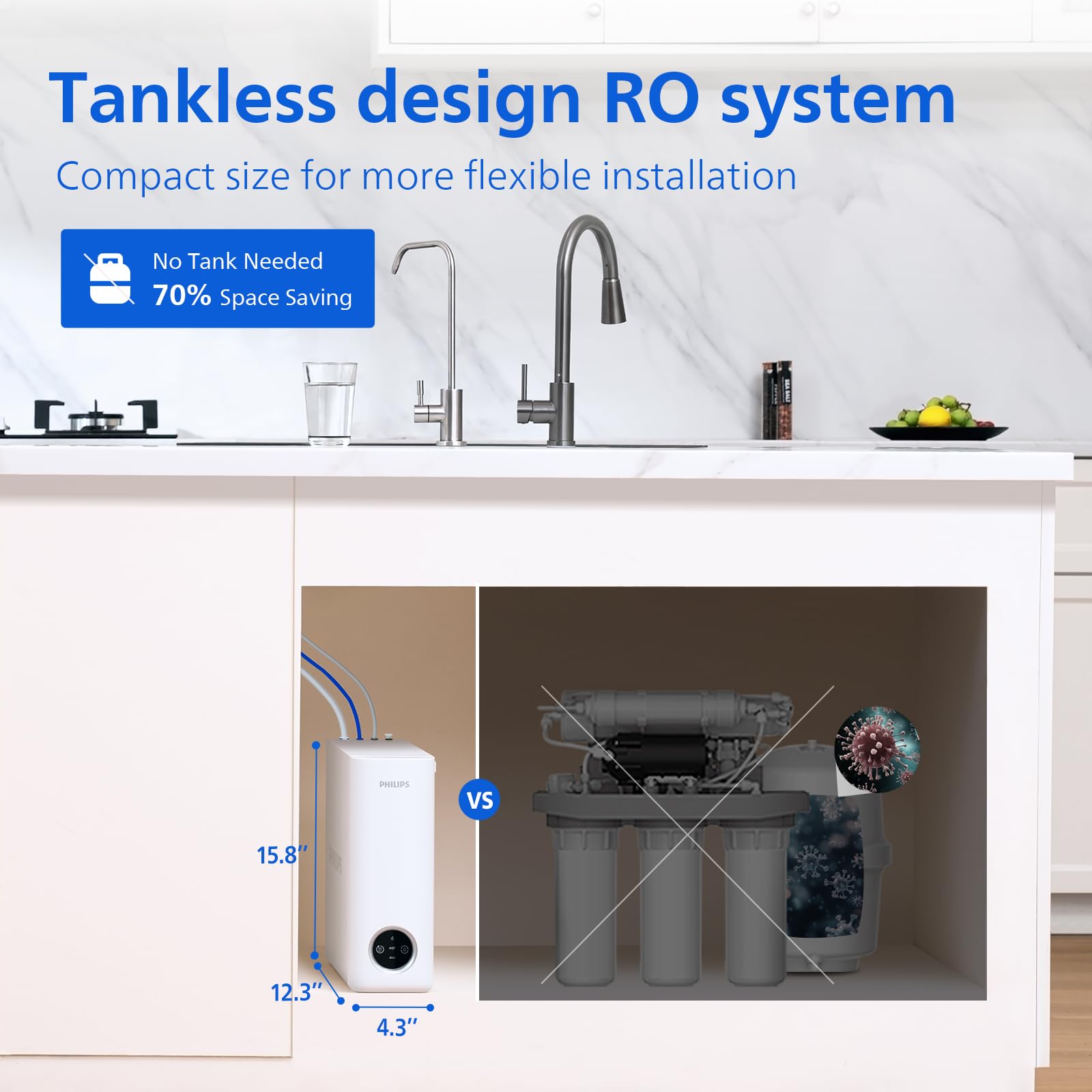 Filtro de agua de ósmosis inversa debajo del fregadero, purificador de agua compacto sin tanque Philips de 5 etapas, sistema de ósmosis inversa certificado NSF/ANSI 372, 2:1 puro para drenar