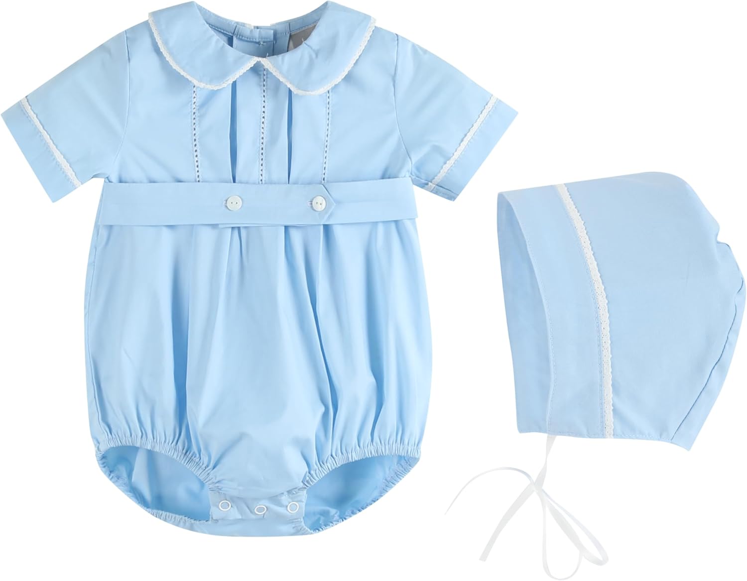 Lil cactus Light Blue/White Collared Button Romper with Bonnet