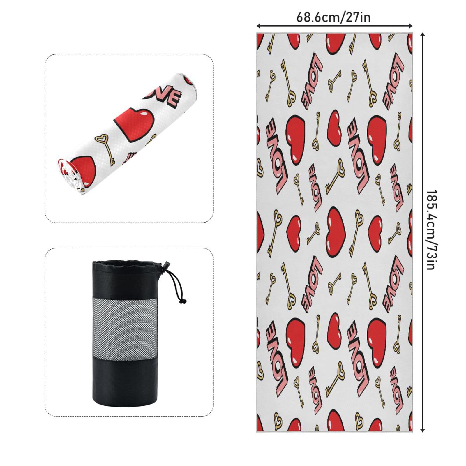 pnyoin Hearts and Keys Vector Yoga Towel,Hot Yoga Mat Towel with Grip Dots Sweat Absorbent Non-Slip for Hot Yoga, 24