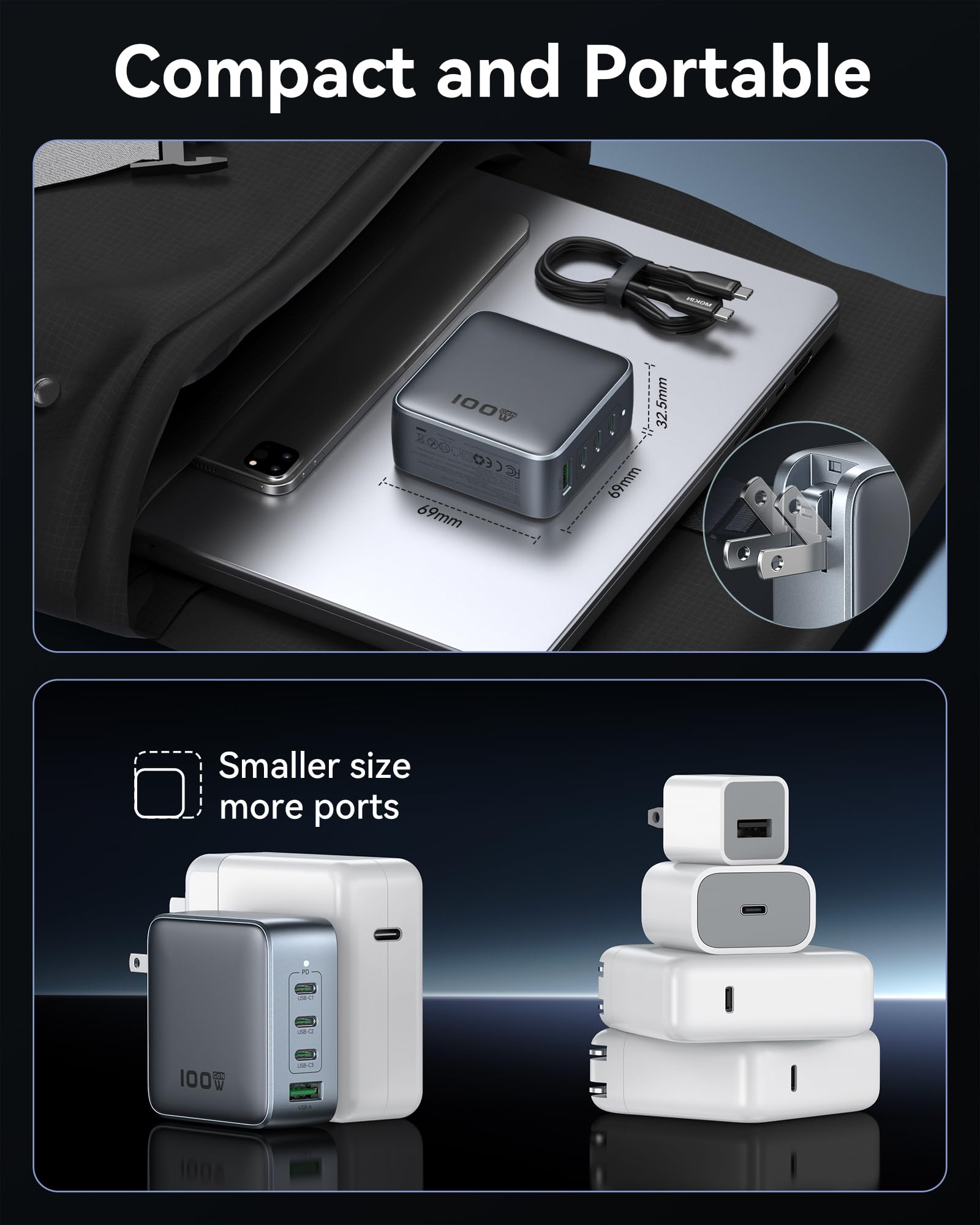 Cargador USB C de 100 W, cargador GaN de 4 puertos USB C estación de carga rápida plegable cargador de pared compacto adaptador de corriente para MacBook Pro/Air, Dell XPS, iPad Pro, iPhone 16/15,
