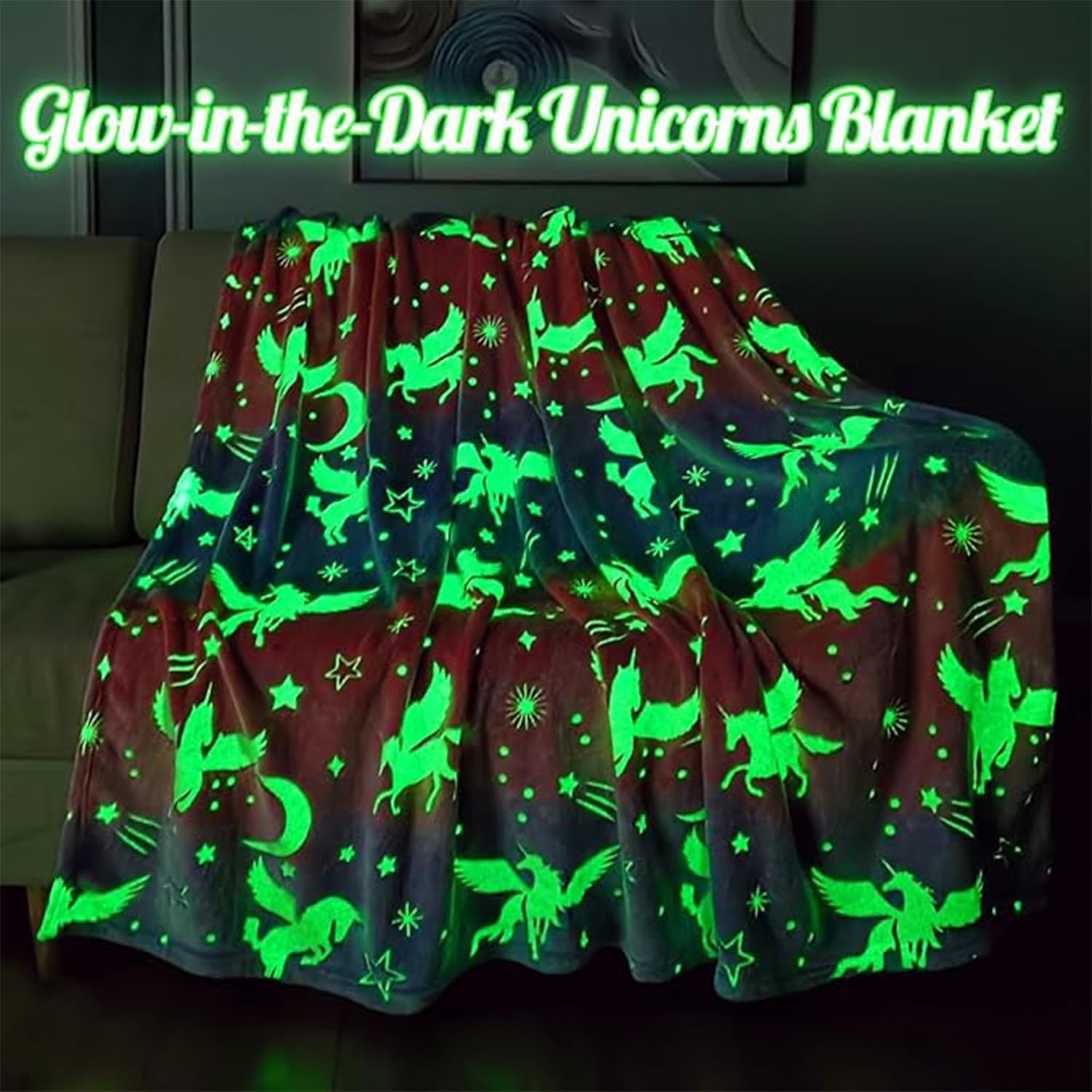 Unicorns Rainbow Kids Throw Blanket - Gifts Toys for Girls - Glow in The Dark Blankets for Boys Teens Child Halloween, Christmas Decor 50"x60" Pink and Blue - Image 2