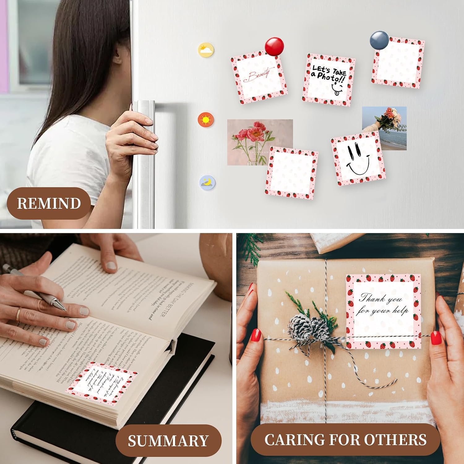 Sticky Notes 3x4 Inches, Cute Self-Stick Pads, Funny Self-Sticky Note Pads for Office, Home, Organization Cute Pink Red Strawberry image 2