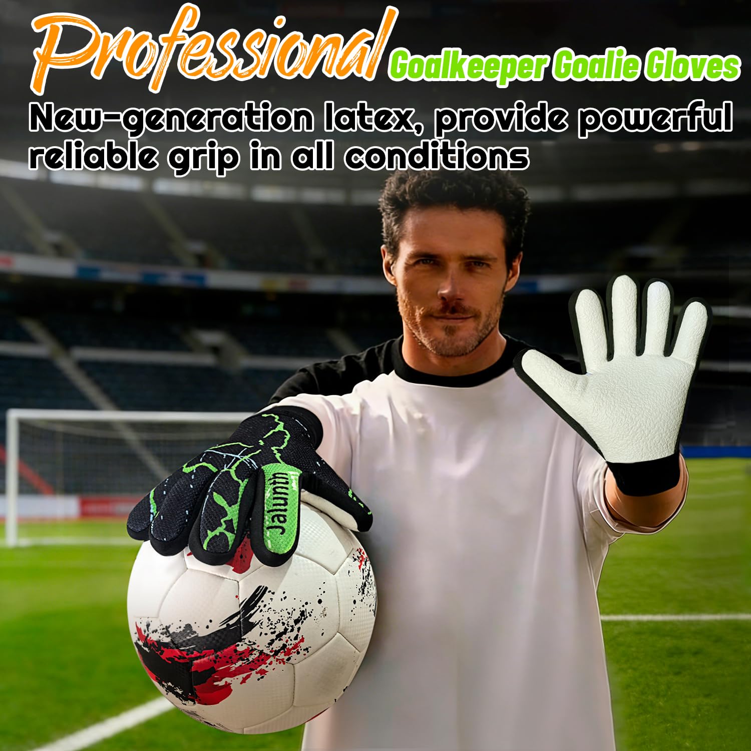 Jalunth Guantes de portero para niños con látex sólido que absorbe los golpes, esponja para guardar los dedos, para entrenamiento, juego de portero, guantes de fútbol, talla 5-8, para niños y niñas de