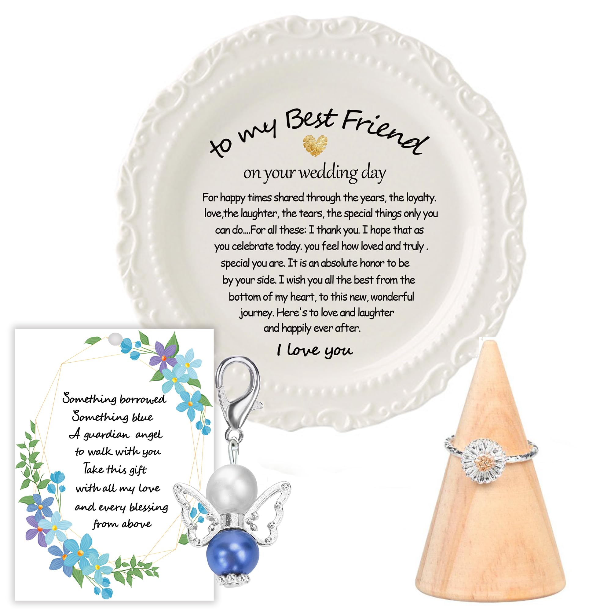 Something Blue Ceramic Jewelry Tray and Ring Holder Tower for Bride from Maid of Honor or Bridesmaid, Bachelorette and Bridal Shower Gift