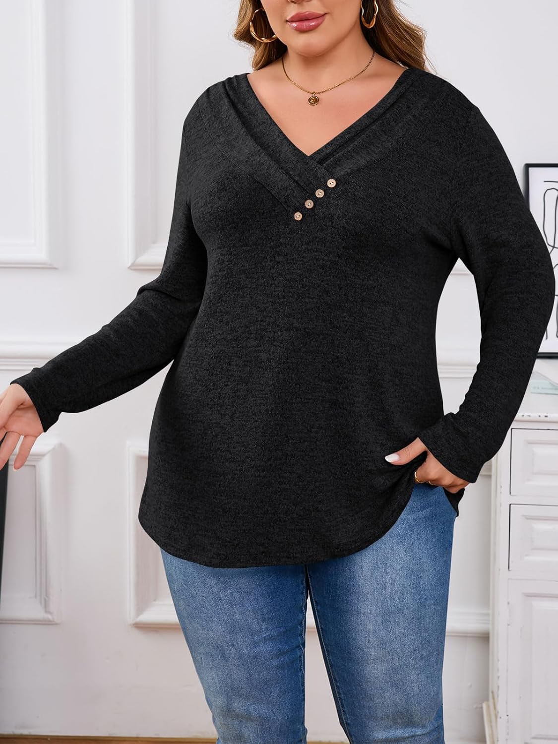 Yousify Womens Plus Size Long Sleeve Tunic Tops Dressy Casual Pleated V Neck Fall Blouses Curvy Loose Fit Shirts - Image 6