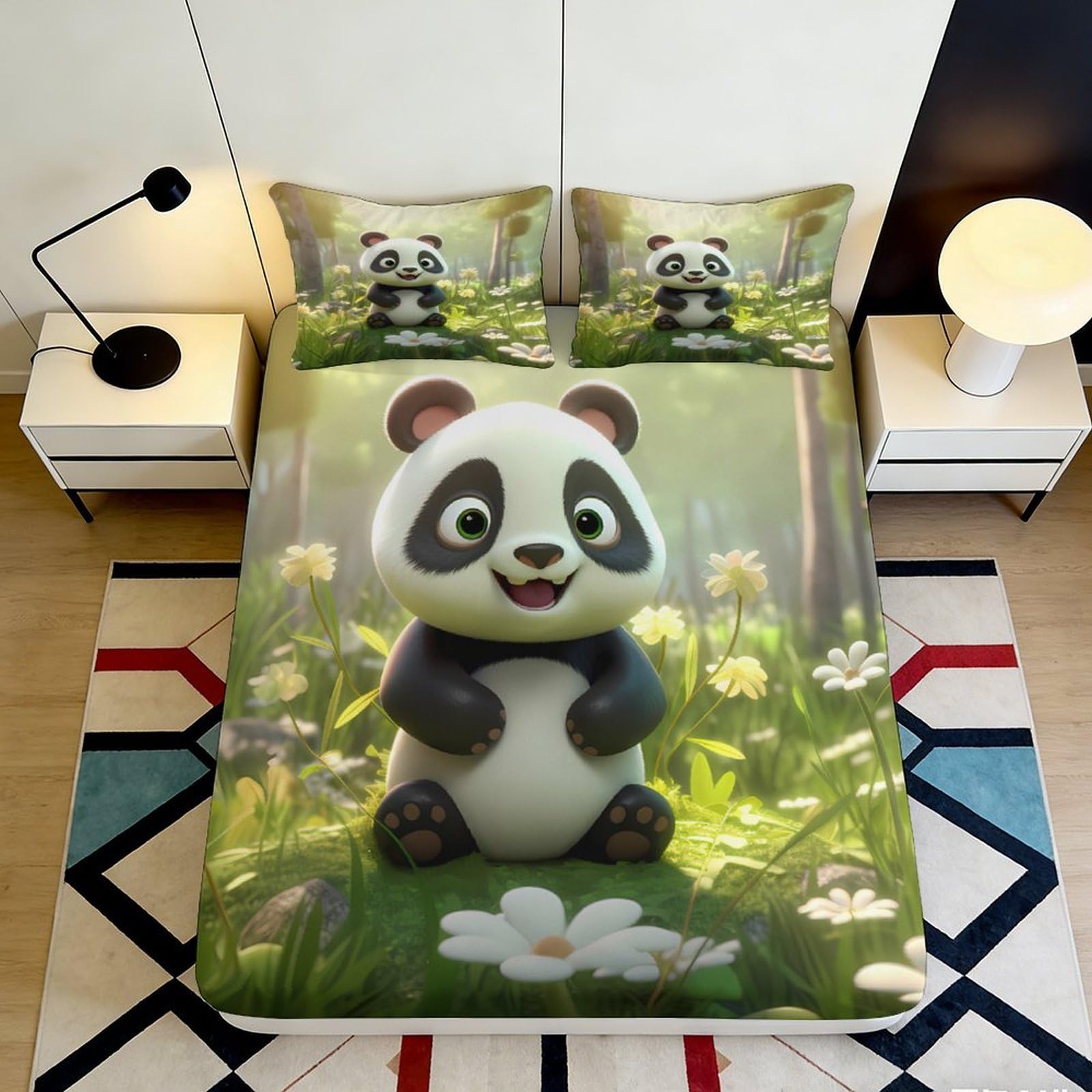 3D Printed Cartoon Panda Fitted Sheet Microfiber Soft Breathable Forest Animal Bed Sheet for Bedroom Dorm Mattress Cover 140x200x25cm