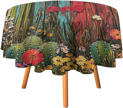 Vintage Colorful Farmhouse Cactus Round Table Cloth,Abstract Retro Cabin Barn Lodge Western Desert Flowers Polyester Dining Tablecloths Decor Decoration 70"