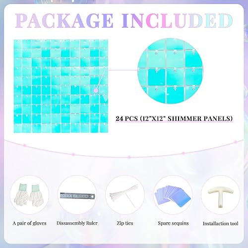 Miniatura 4 de Telón de Fondo de Pared Brillante Azul Paneles de Pared 24 Piezas Cuadradas de Lentejuelas Brillantes Telón de Fondo de Pared Decoración para Fiesta