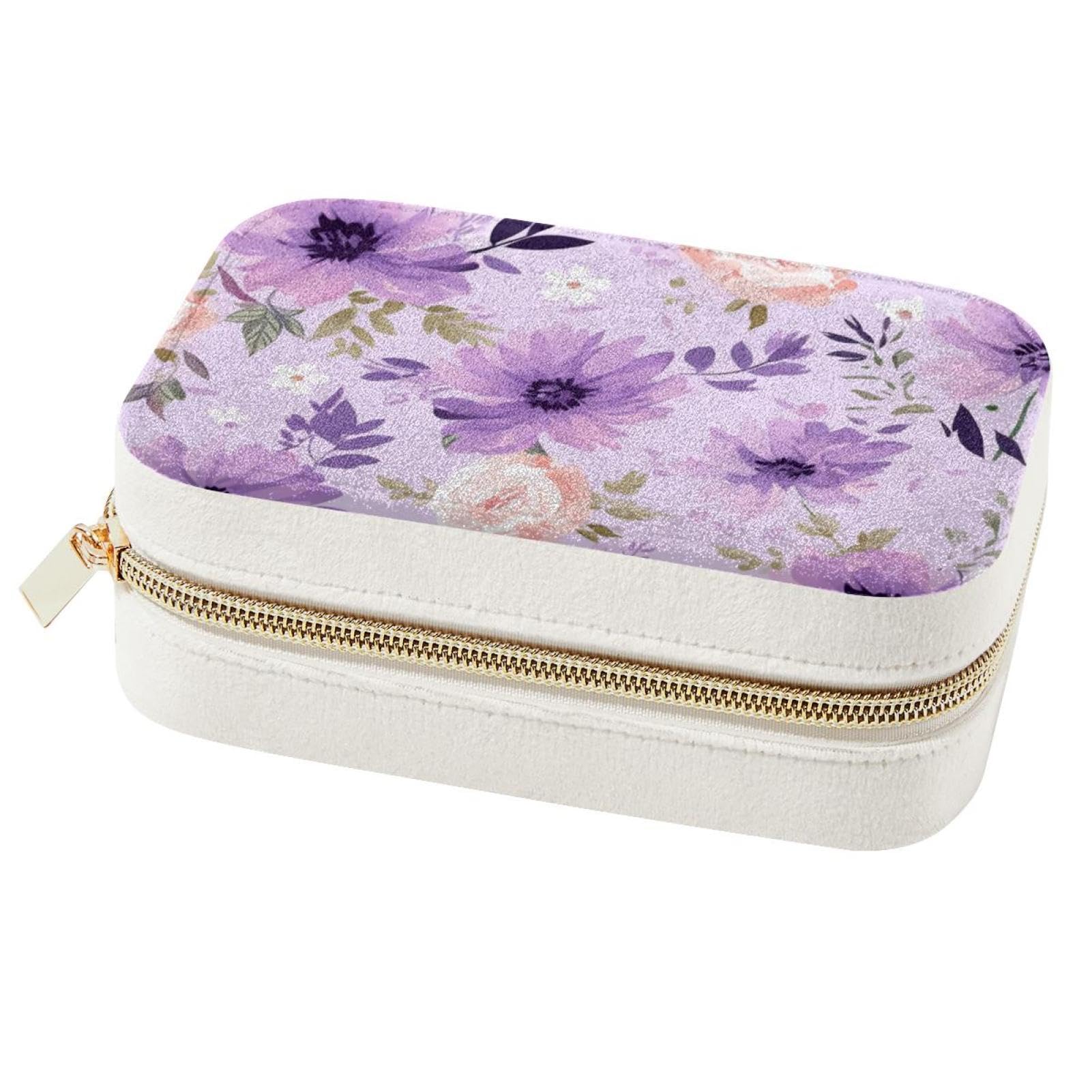 Boîte à bijoux spacieuse au design floral violet avec écrin de protection